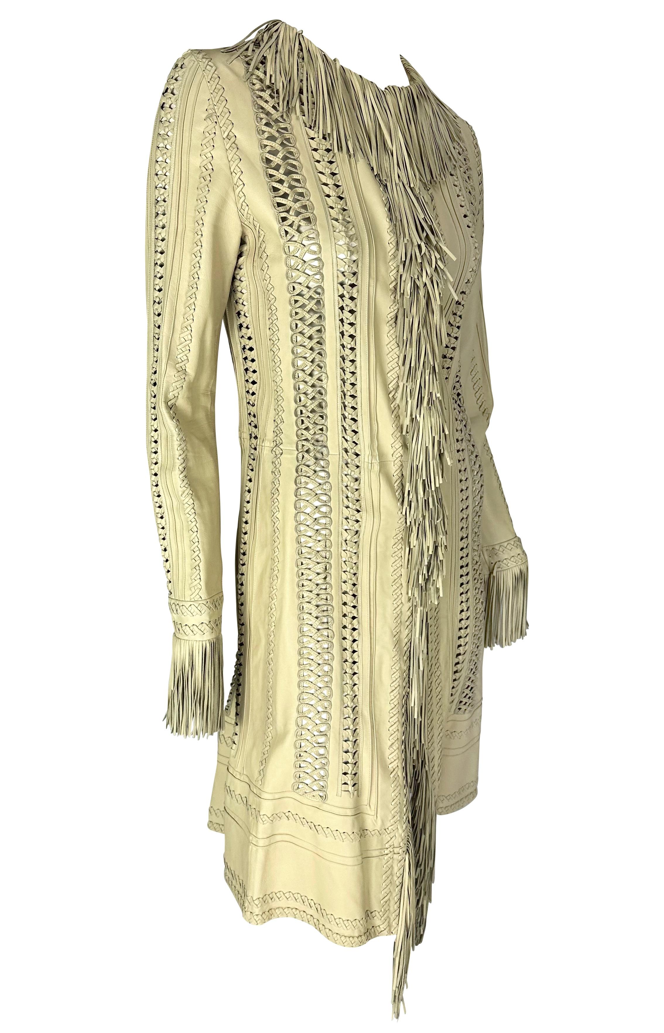 S/S 2002 Gianni Versace by Donatella Runway Fringe Panel Cream Leather Coat For Sale 7