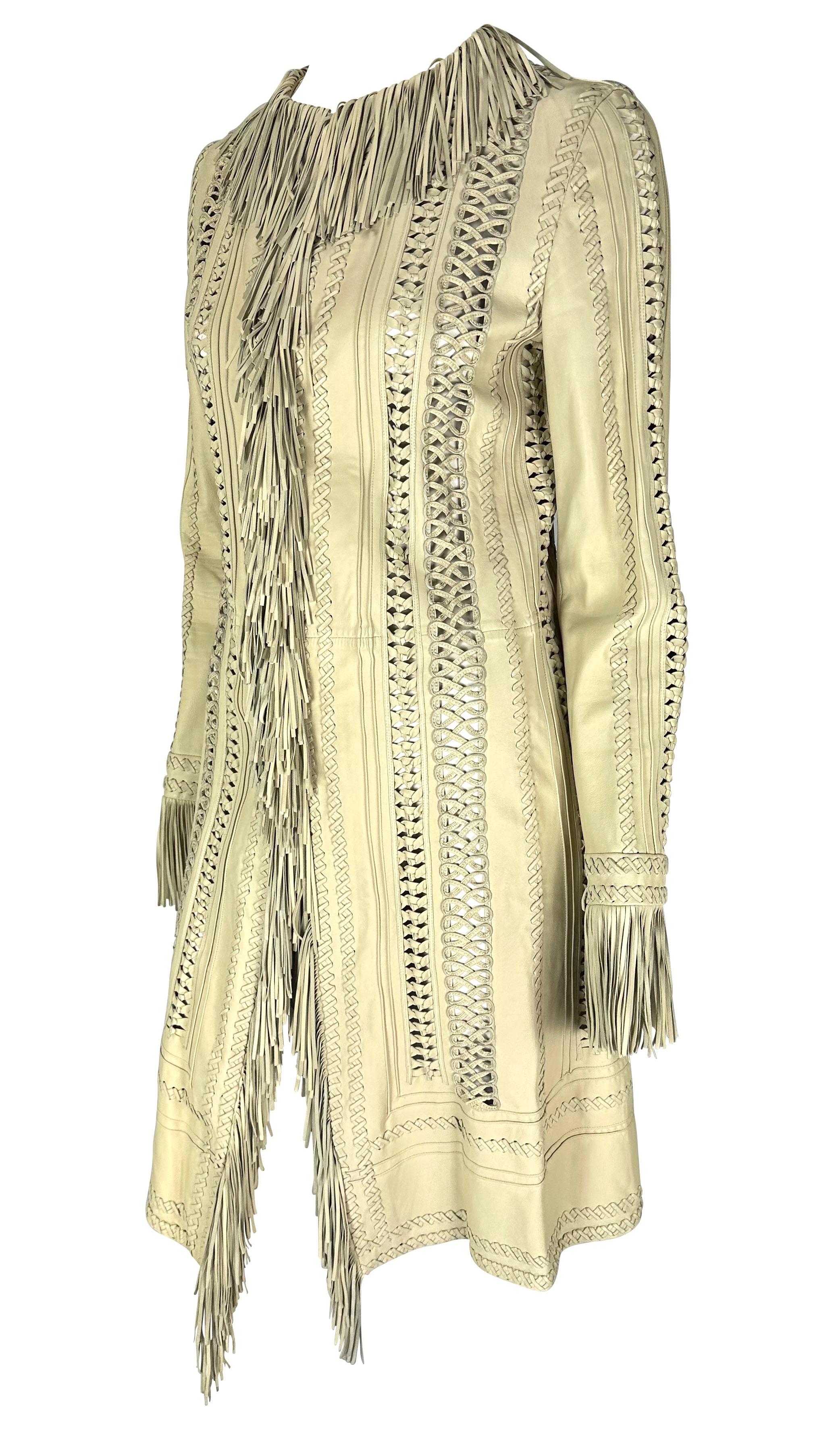 S/S 2002 Gianni Versace by Donatella Runway Fringe Panel Cream Leather Coat For Sale 1