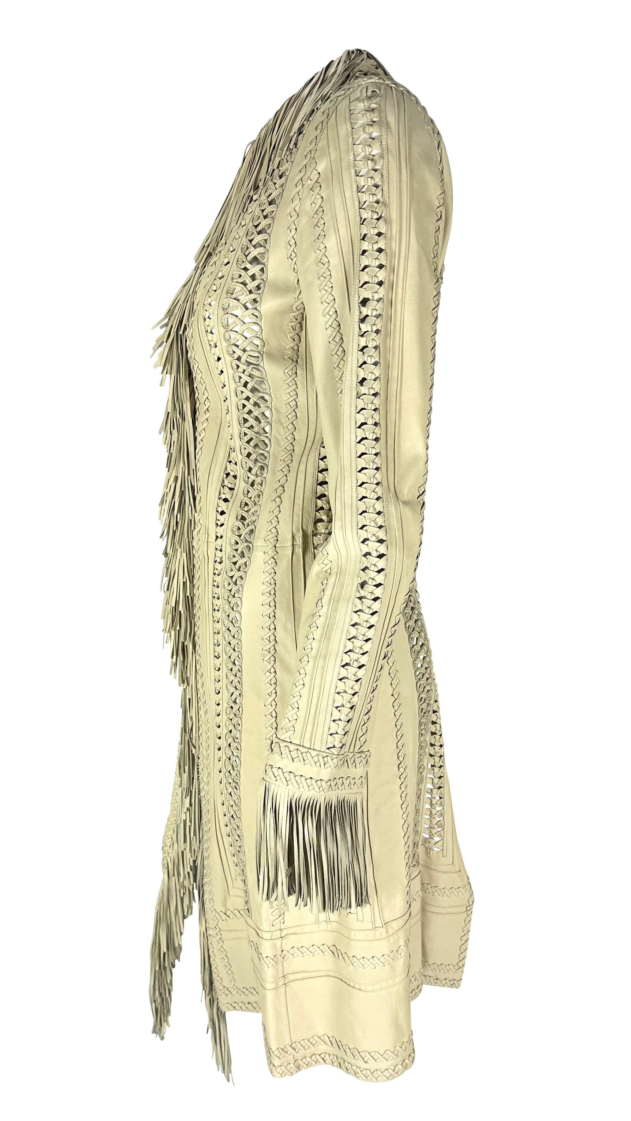 S/S 2002 Gianni Versace by Donatella Runway Fringe Panel Cream Leather Coat For Sale 3