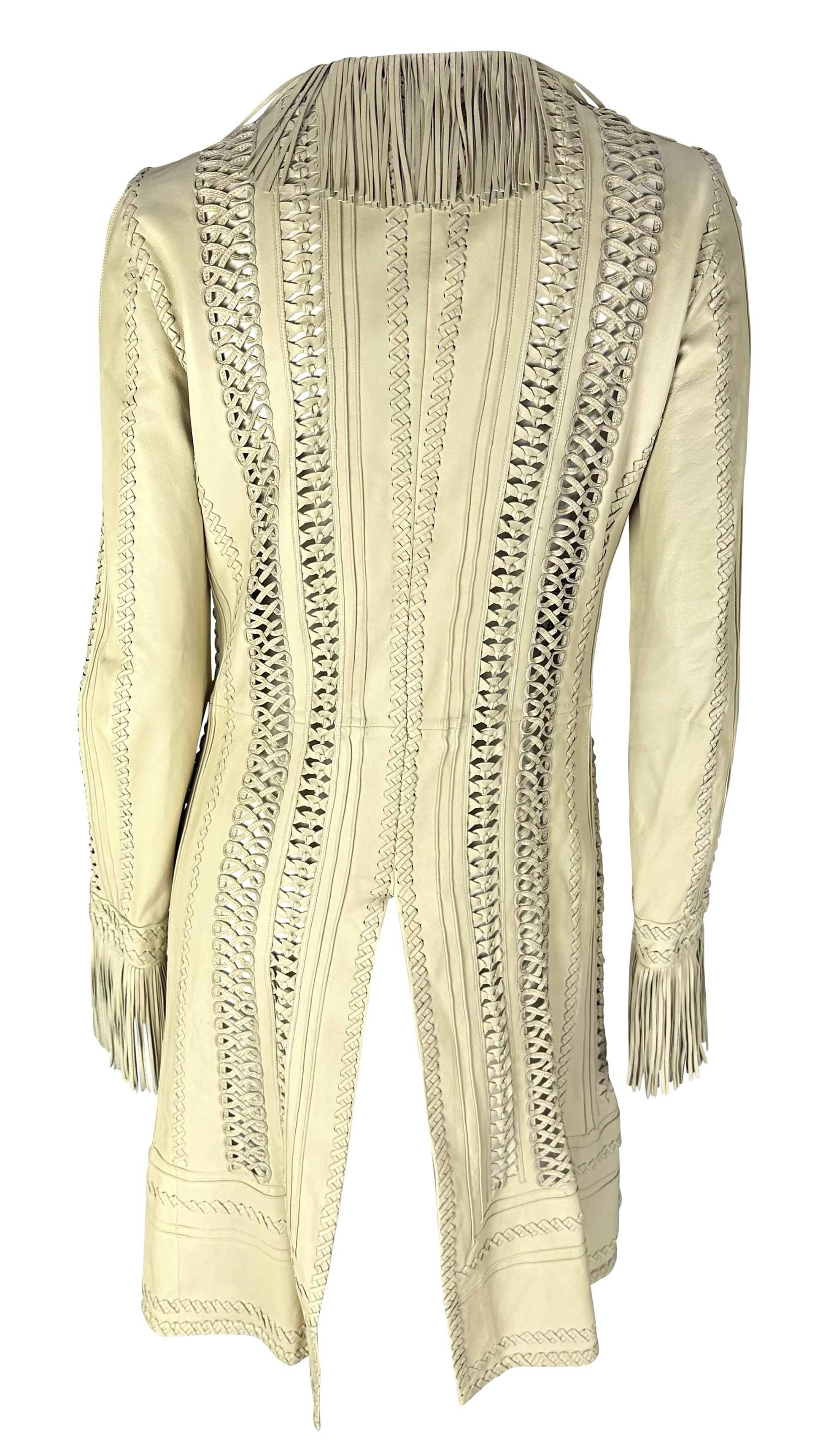 S/S 2002 Gianni Versace by Donatella Runway Fringe Panel Cream Leather Coat For Sale 4