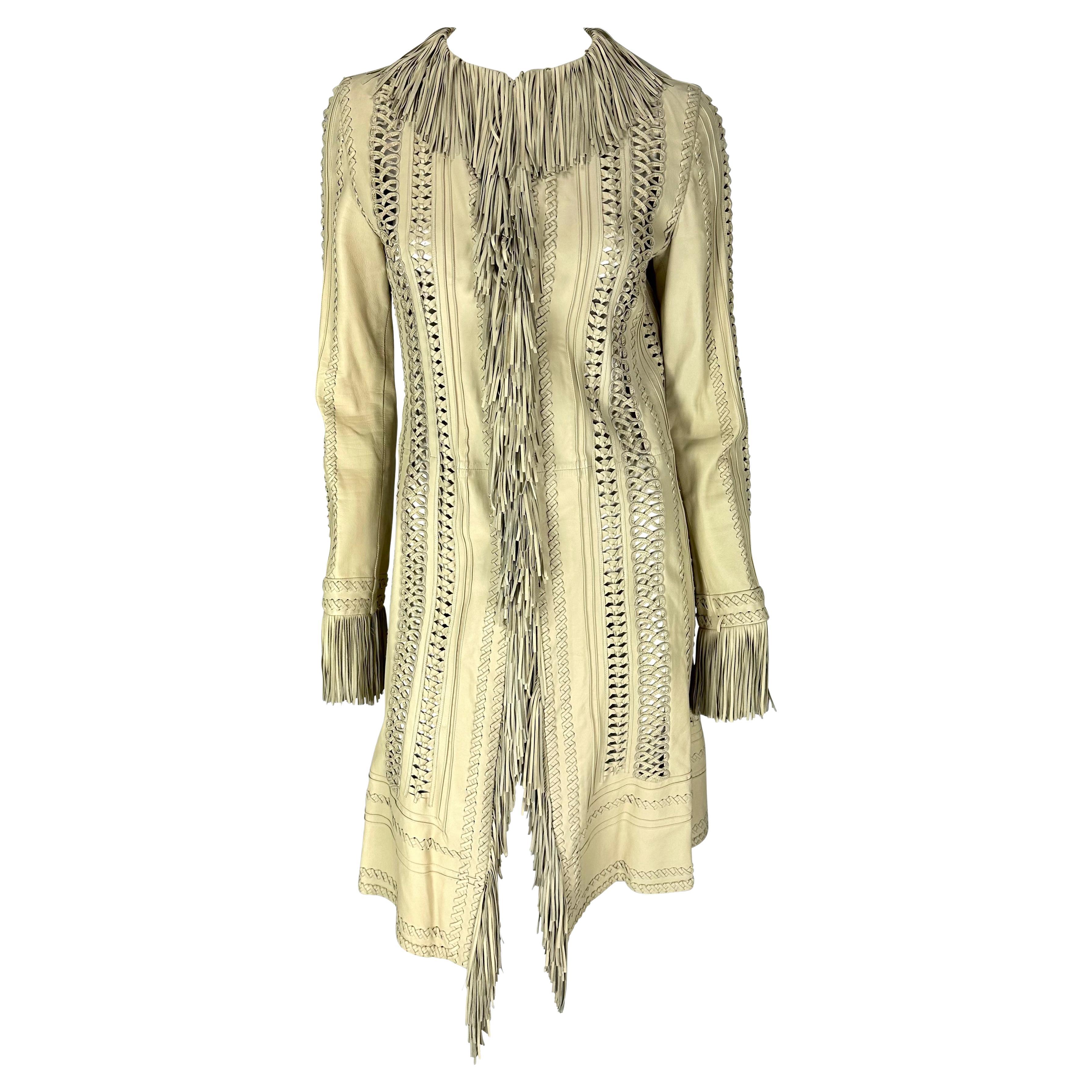 S/S 2002 Gianni Versace by Donatella Runway Fringe Panel Cream Leather Coat For Sale
