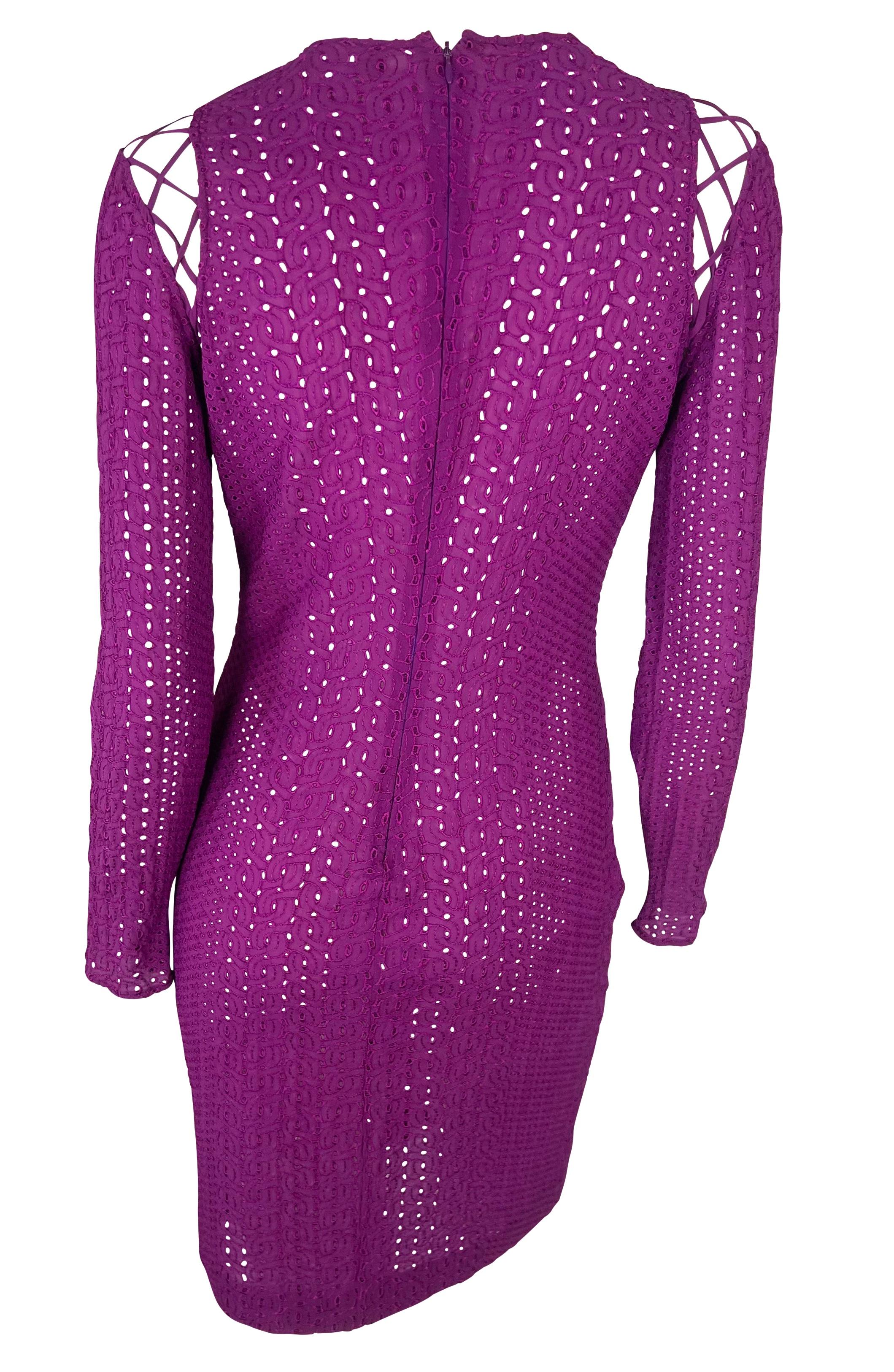 Women's S/S 2002 Gianni Versace by Donatella Runway Purple Lace-Up Eyelet Dress For Sale