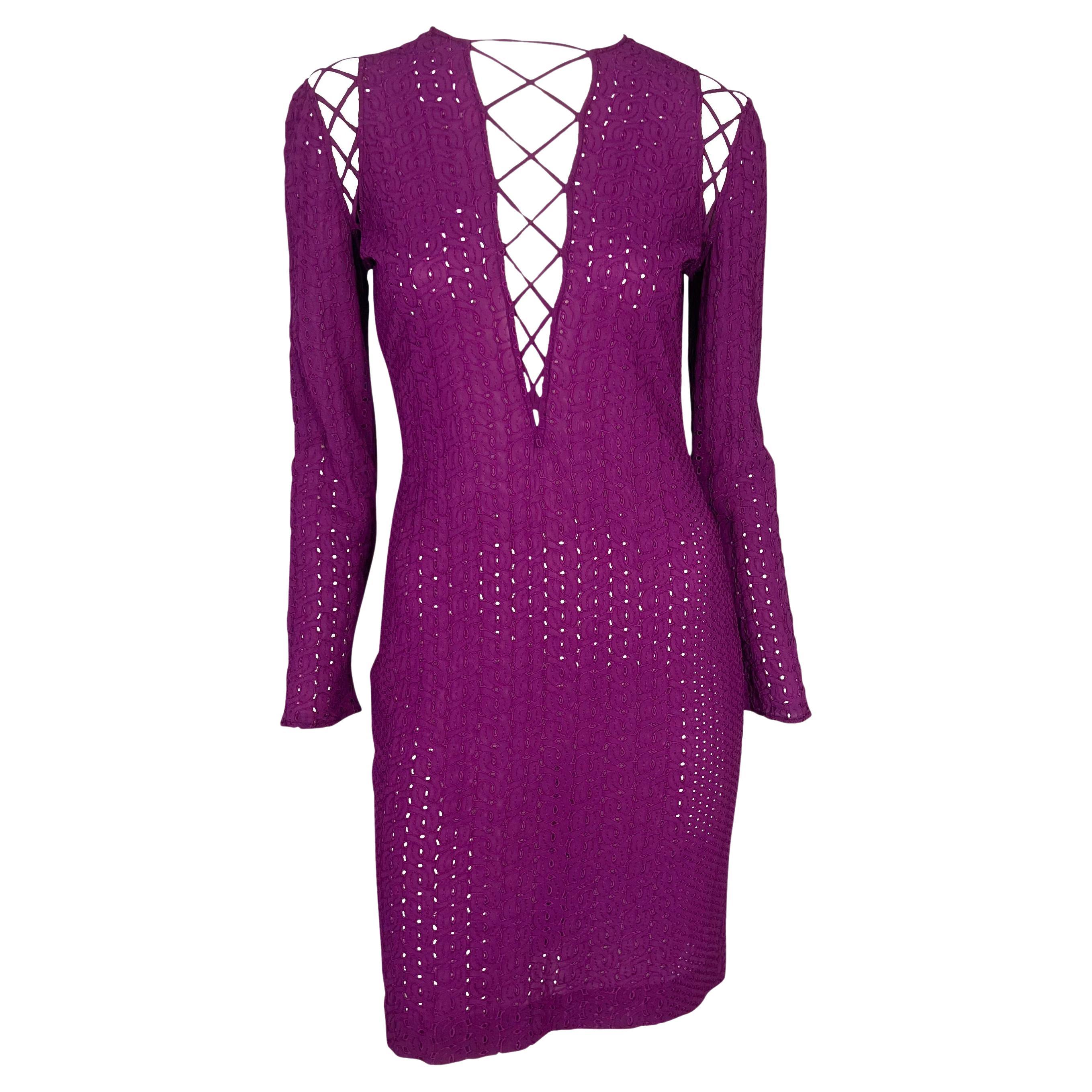 S/S 2002 Gianni Versace by Donatella Runway Purple Lace-Up Eyelet Dress For Sale