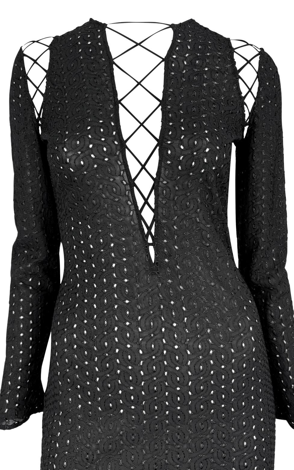 Women's S/S 2002 Gianni Versace by Donatella Runway Sheer Broderie Anglaise Black Dress