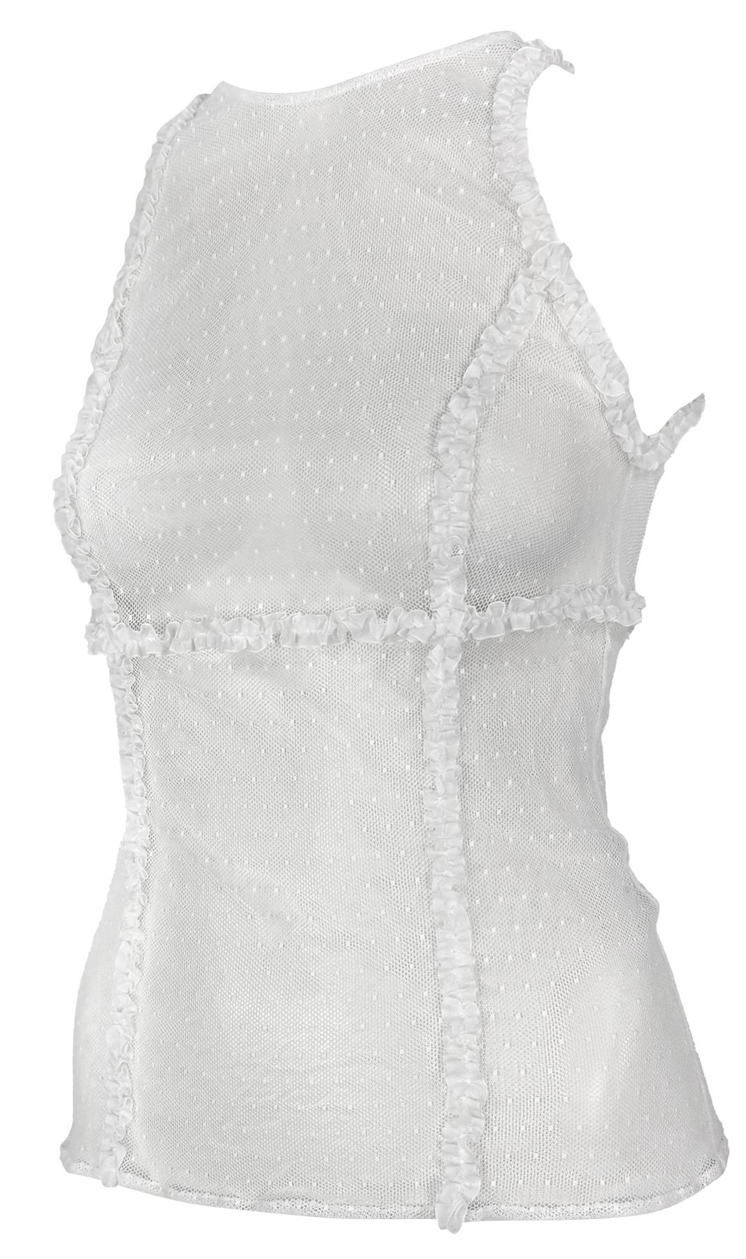 Questo top senza volant bianco senza maniche della Primavera/Estate 2002 di Donatella Versace for Gianni Versace ha debuttato sulla passerella della stagione. Il tessuto leggero e semitrasparente è impreziosito da delicati dettagli a volant lungo le