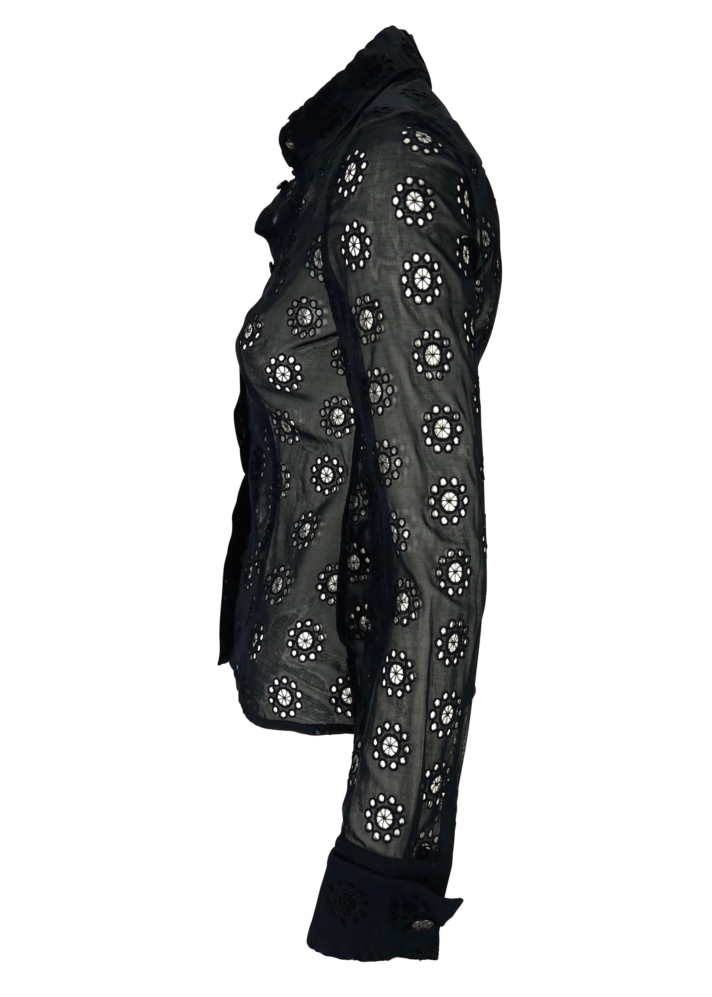 Black S/S 2002 Gianni Versace by Donatella Sheer Eyelet French Cuff Button Up Top For Sale