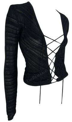 S/S 2002 Gianni Versace by Donatella Sheer Stretch Plunging Black Lace-Up Top