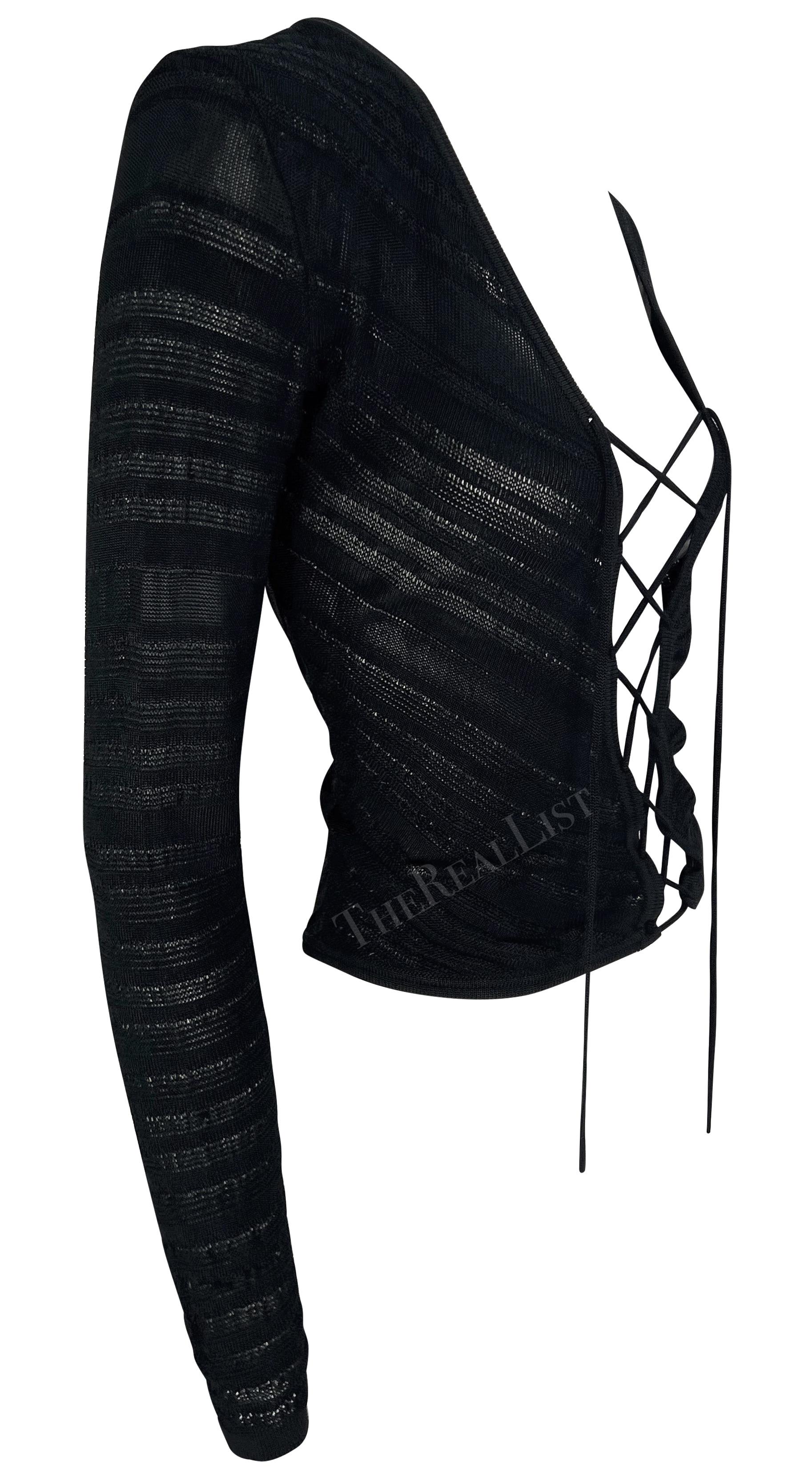S/S 2002 Gianni Versace by Donatella Sheer Stretch Plunging Black Lace-Up Top In Good Condition For Sale In West Hollywood, CA