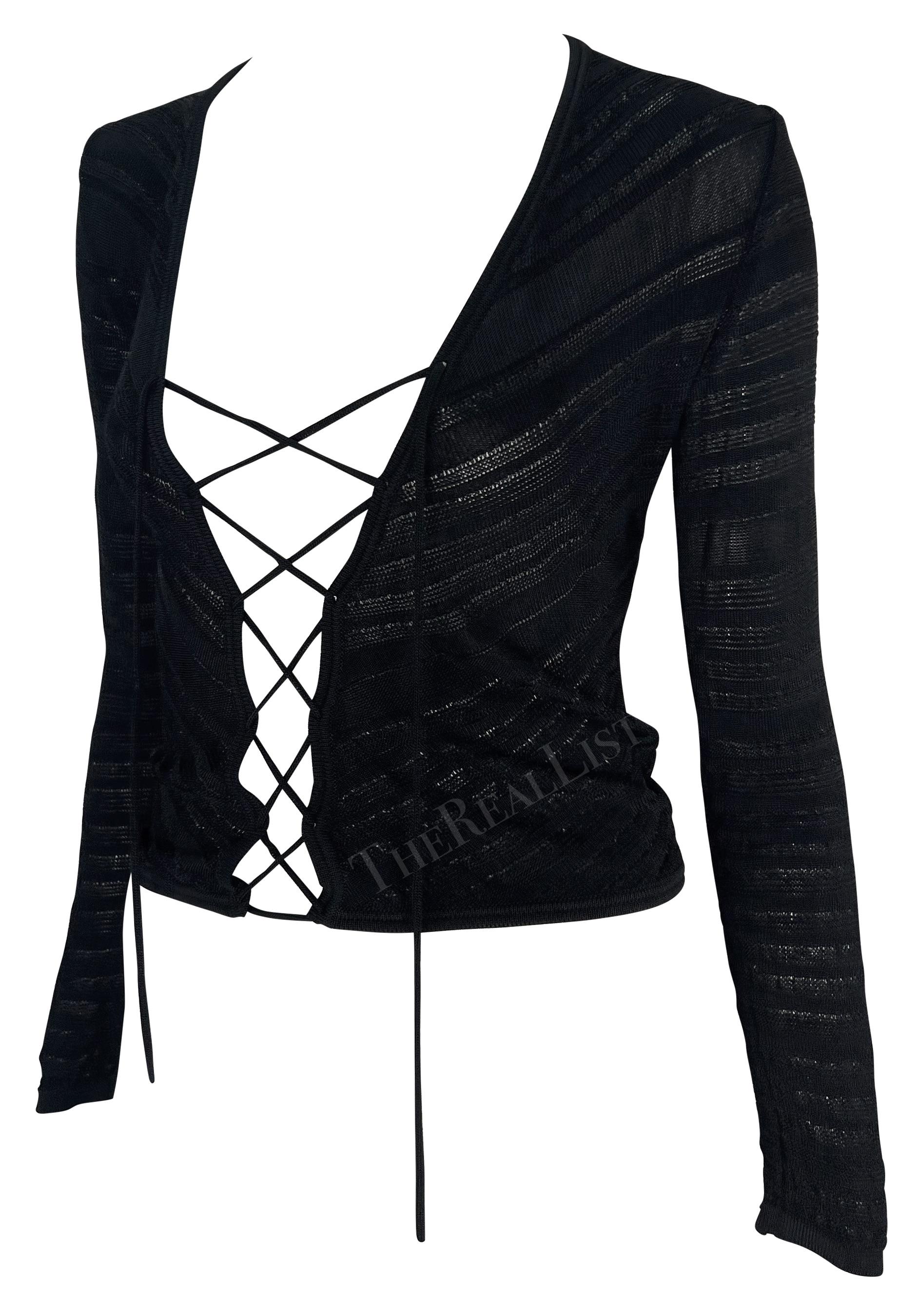 S/S 2002 Gianni Versace by Donatella Sheer Stretch Plunging Black Lace-Up Top For Sale 3