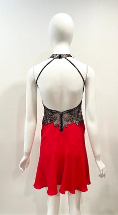 S/S 2002 Gianni Versace Red Mini Dress Sheer With Black Lace Trim