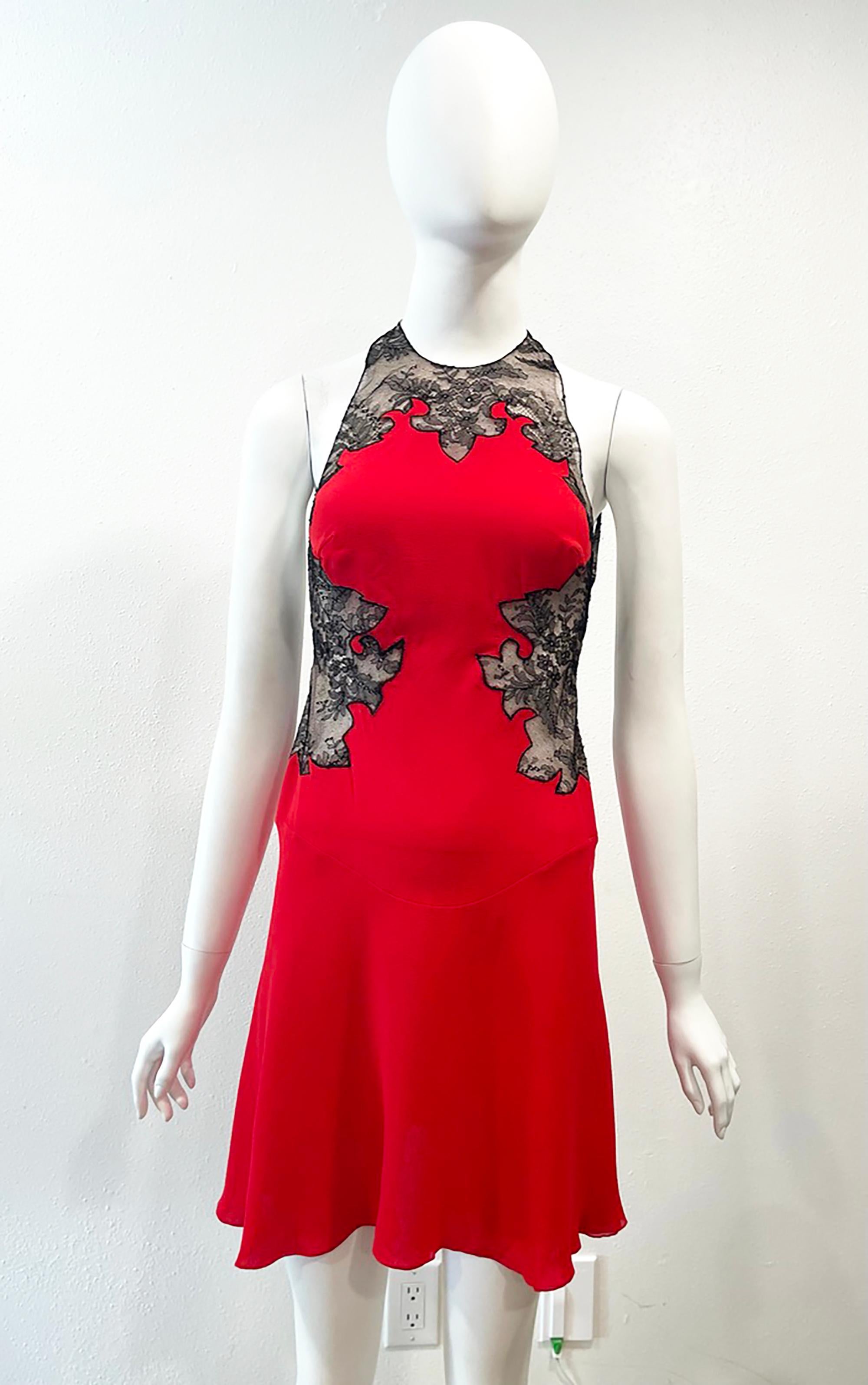 S/S 2002 Gianni Versace Red Mini Dress Sheer With Black Lace Trim In Excellent Condition For Sale In Austin, TX
