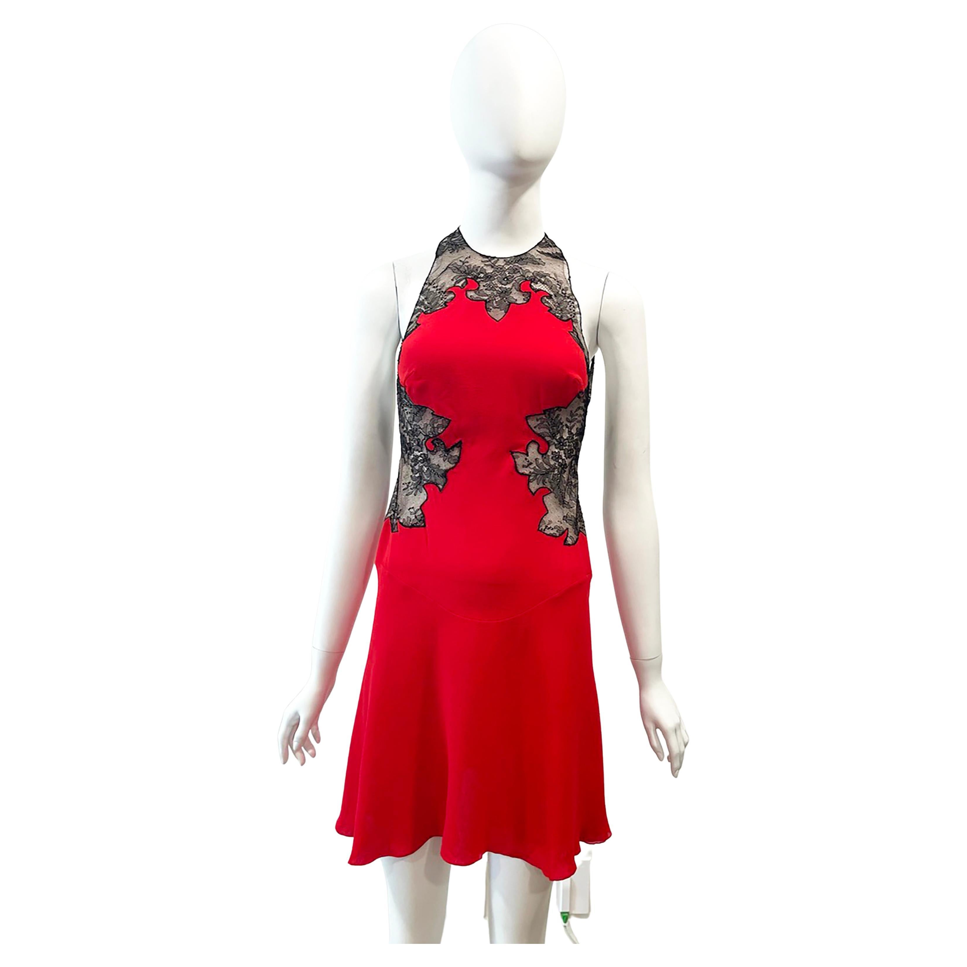 S/S 2002 Gianni Versace Red Mini Dress Sheer With Black Lace Trim For Sale