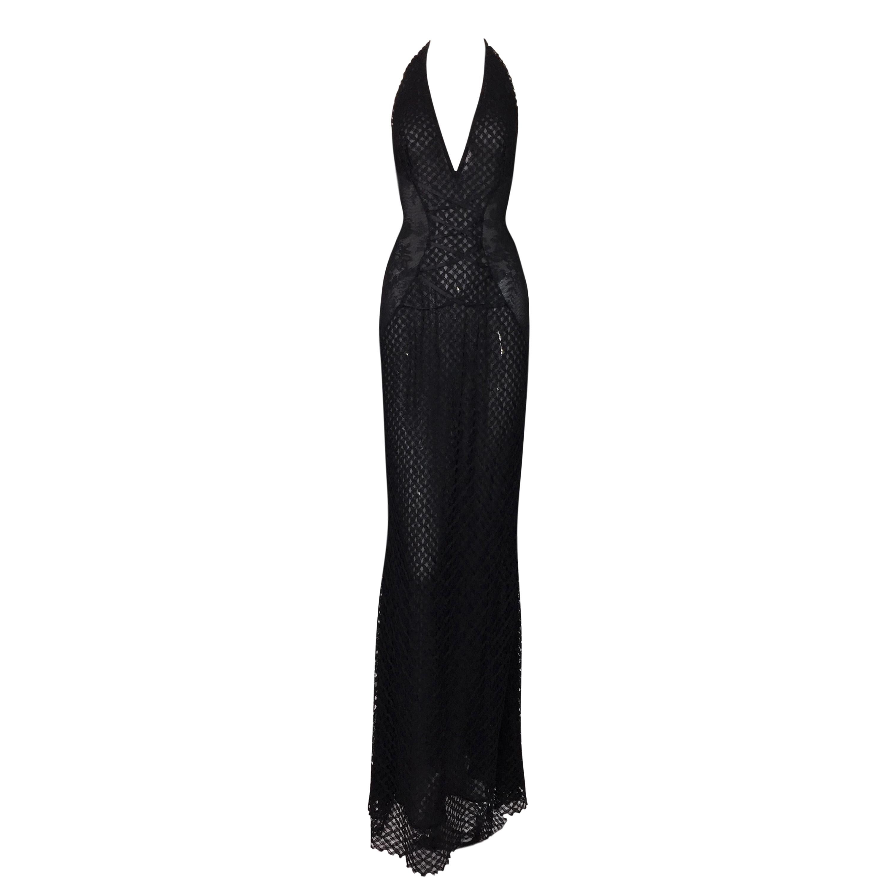 S/S 2002 Gianni Versace Sheer Black Lace Plunging Backless Halter Gown Dress 40