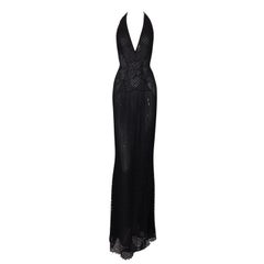 S/S 2002 Gianni Versace Sheer Black Lace Plunging Backless Halter Gown Dress 40