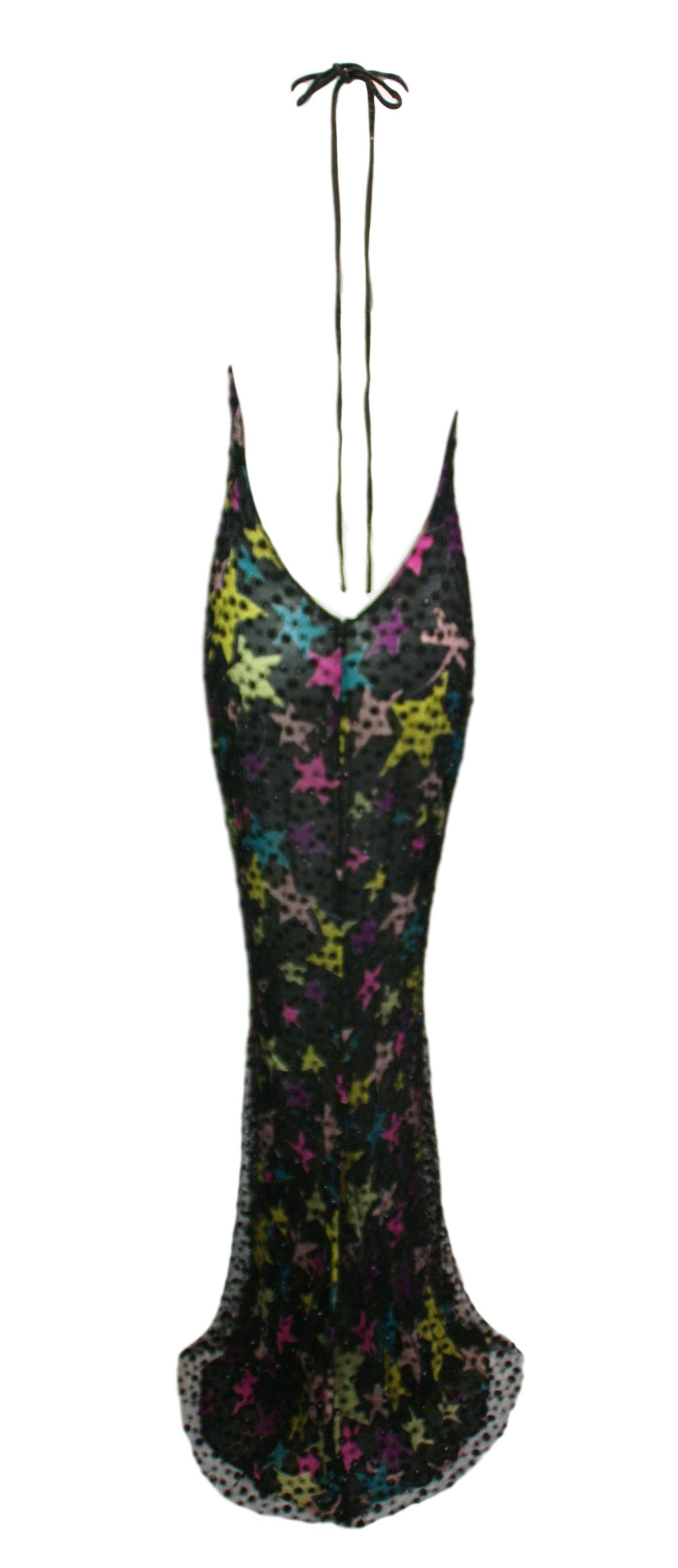 S/S 2002 Gianni Versace Sheer Star Print Silk Mesh Beaded Gown Dress 1