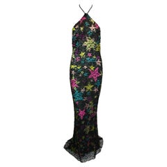 S/S 2002 Gianni Versace Sheer Star Print Silk Mesh Beaded Gown Dress