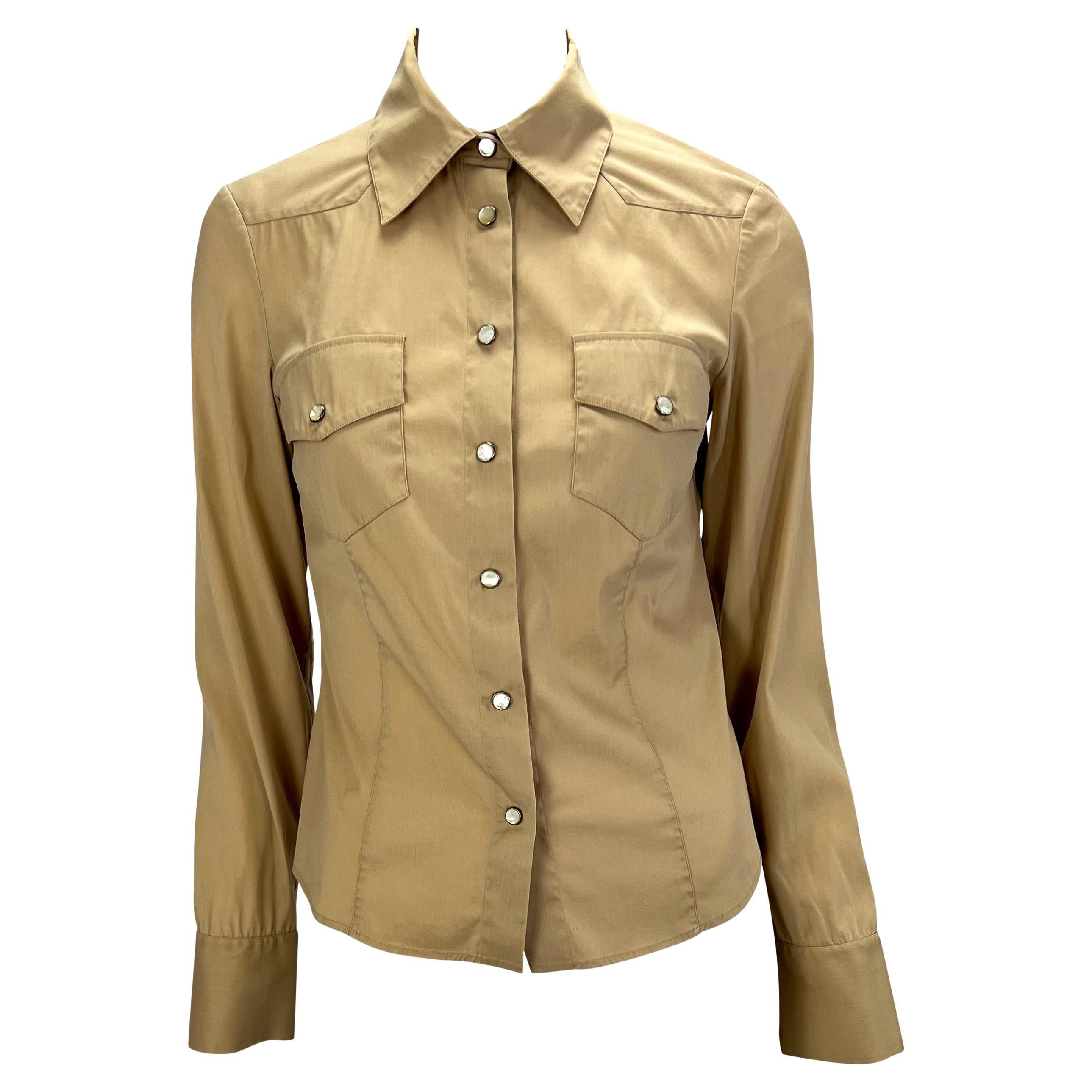 S/S 2002 Gucci by Tom Ford Beige Mother of Pearl Snap Collared Stretch Shirt 