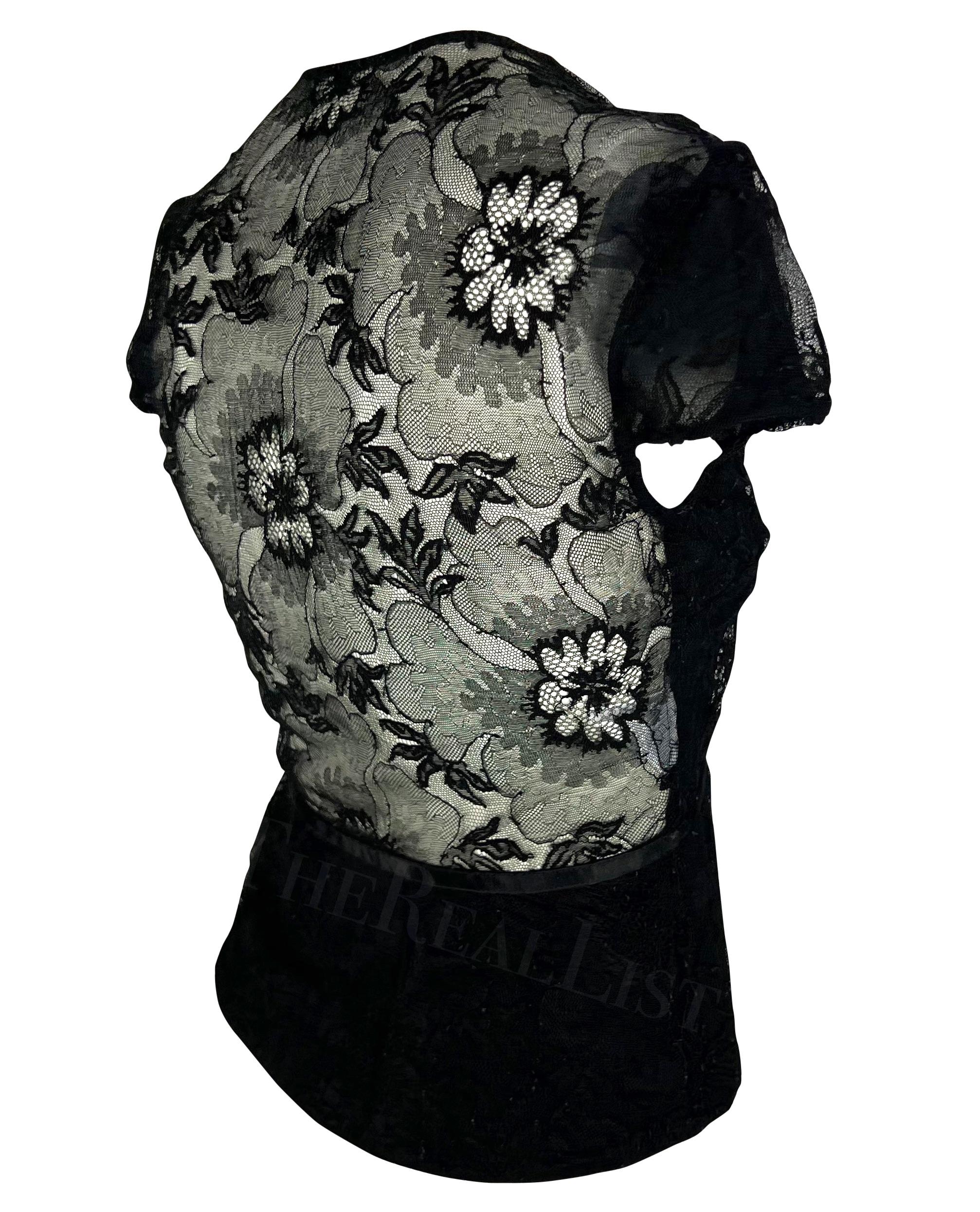 Women's S/S 2002 Gucci by Tom Ford Black Sheer Floral Lace Ribbon Bow T-Shirt