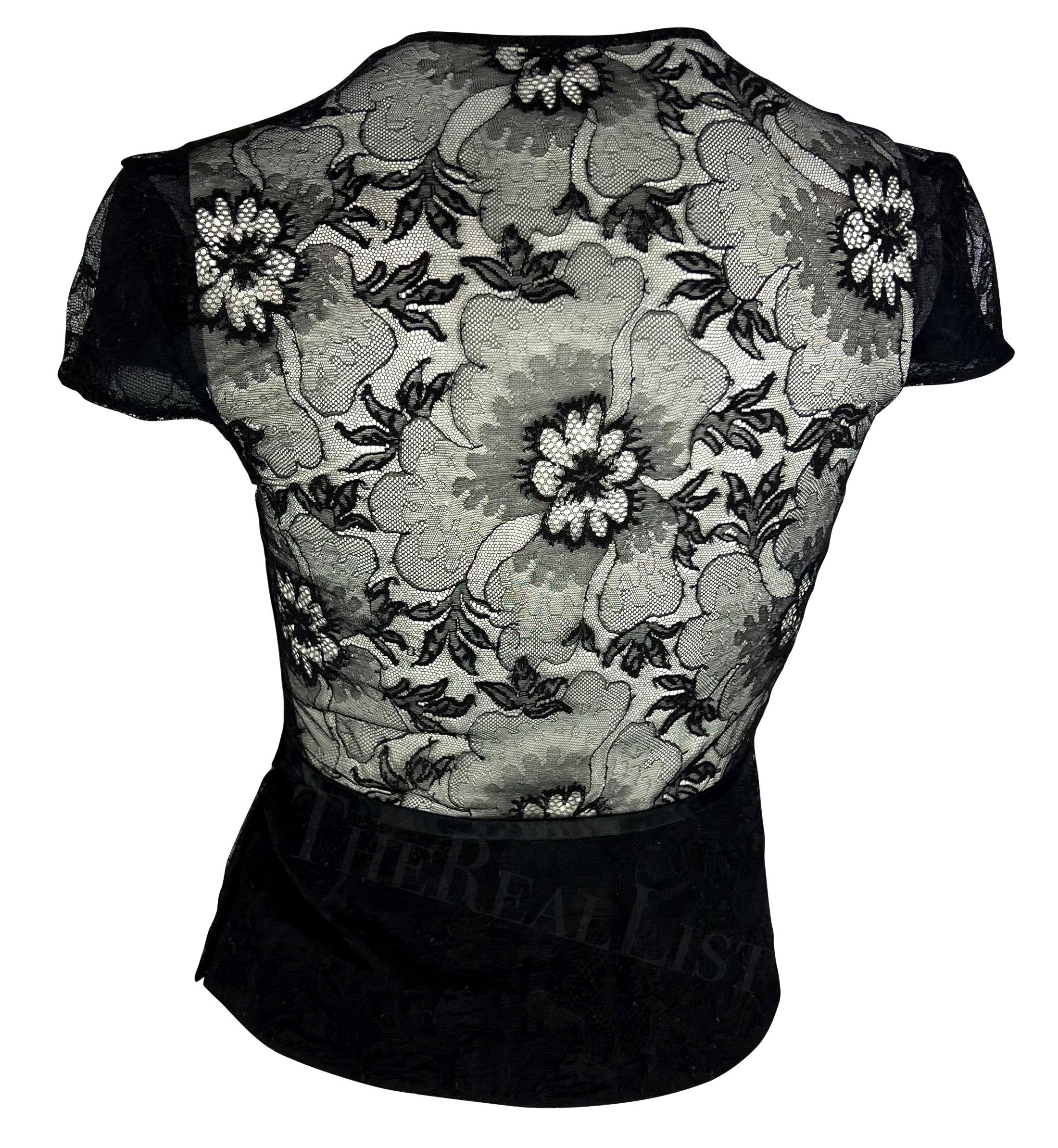 S/S 2002 Gucci by Tom Ford Black Sheer Floral Lace Ribbon Bow T-Shirt 1