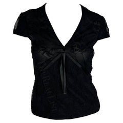 S/S 2002 Gucci by Tom Ford Black Sheer Floral Lace Ribbon Bow T-Shirt