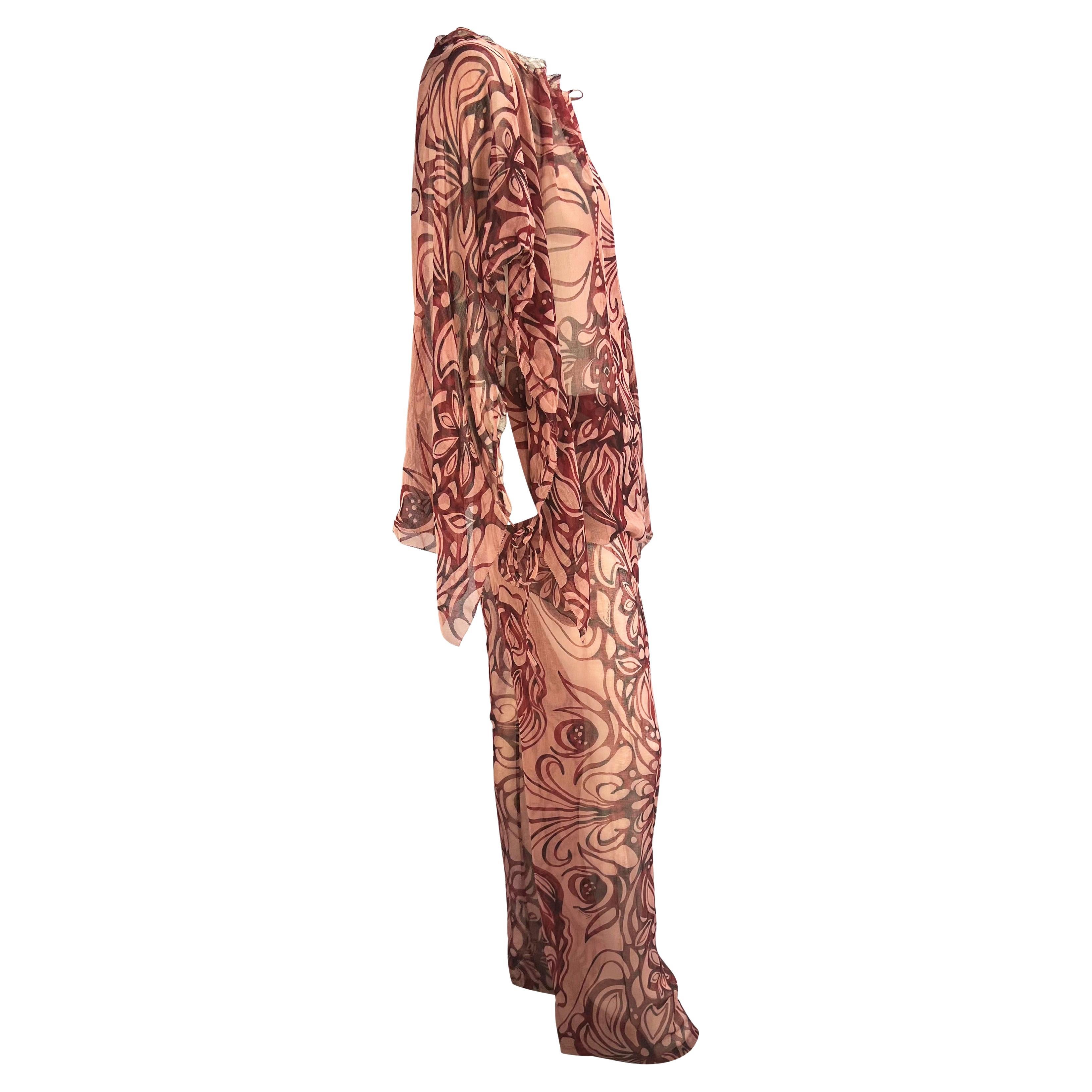 Brown S/S 2002 Gucci by Tom Ford Sheer Floral Tattoo Beach Coverup Pant Set NWT For Sale
