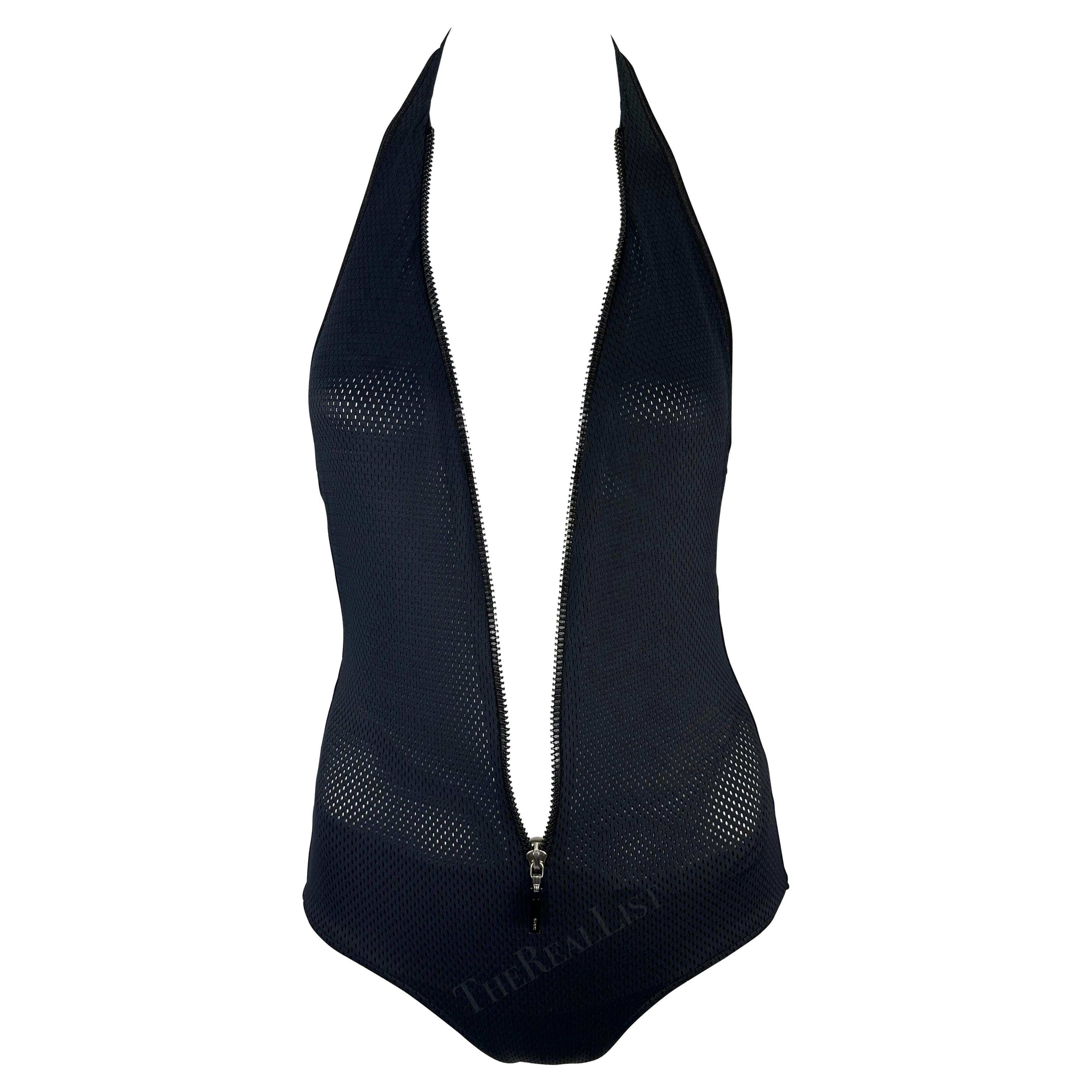 S/S 2002 Gucci by Tom Ford Sheer Mesh Zip-Up Plunging Halter One-Piece Swimsuit For Sale