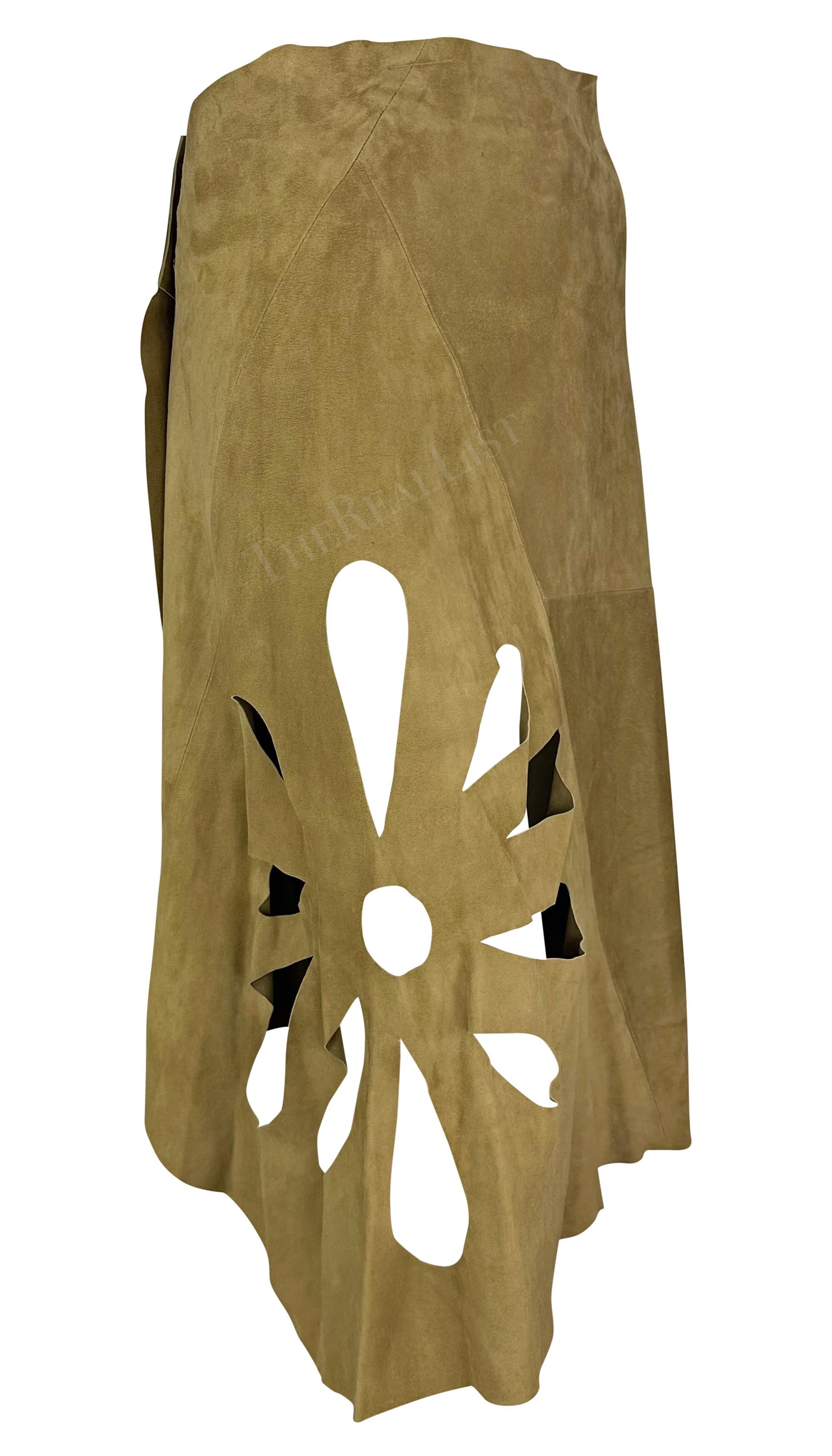 S/S 2002 Gucci by Tom Ford Tan Suede Floral Cutout Flare Wrap Skirt In Excellent Condition For Sale In West Hollywood, CA