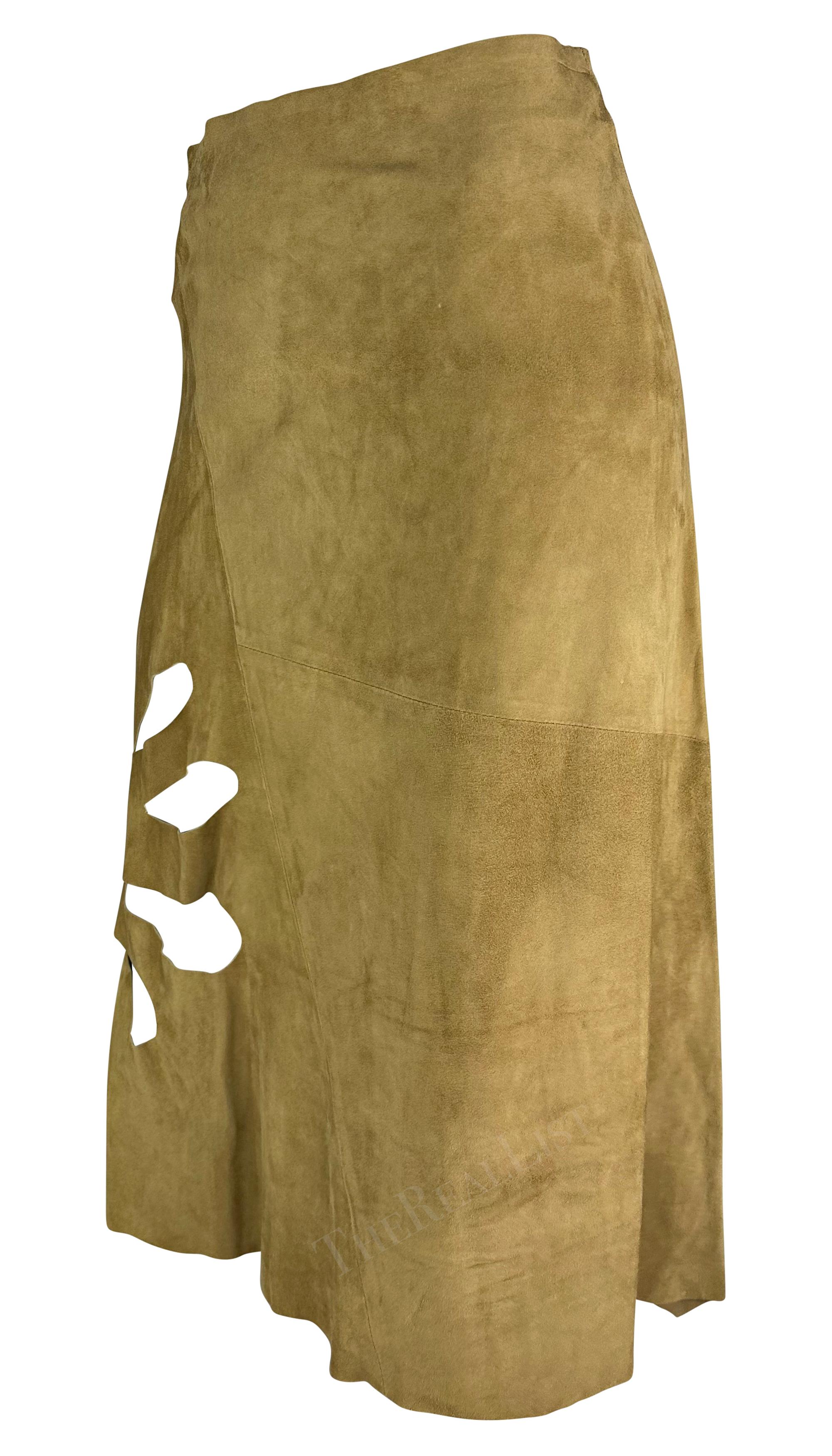 S/S 2002 Gucci by Tom Ford Tan Suede Floral Cutout Flare Wrap Skirt For Sale 3