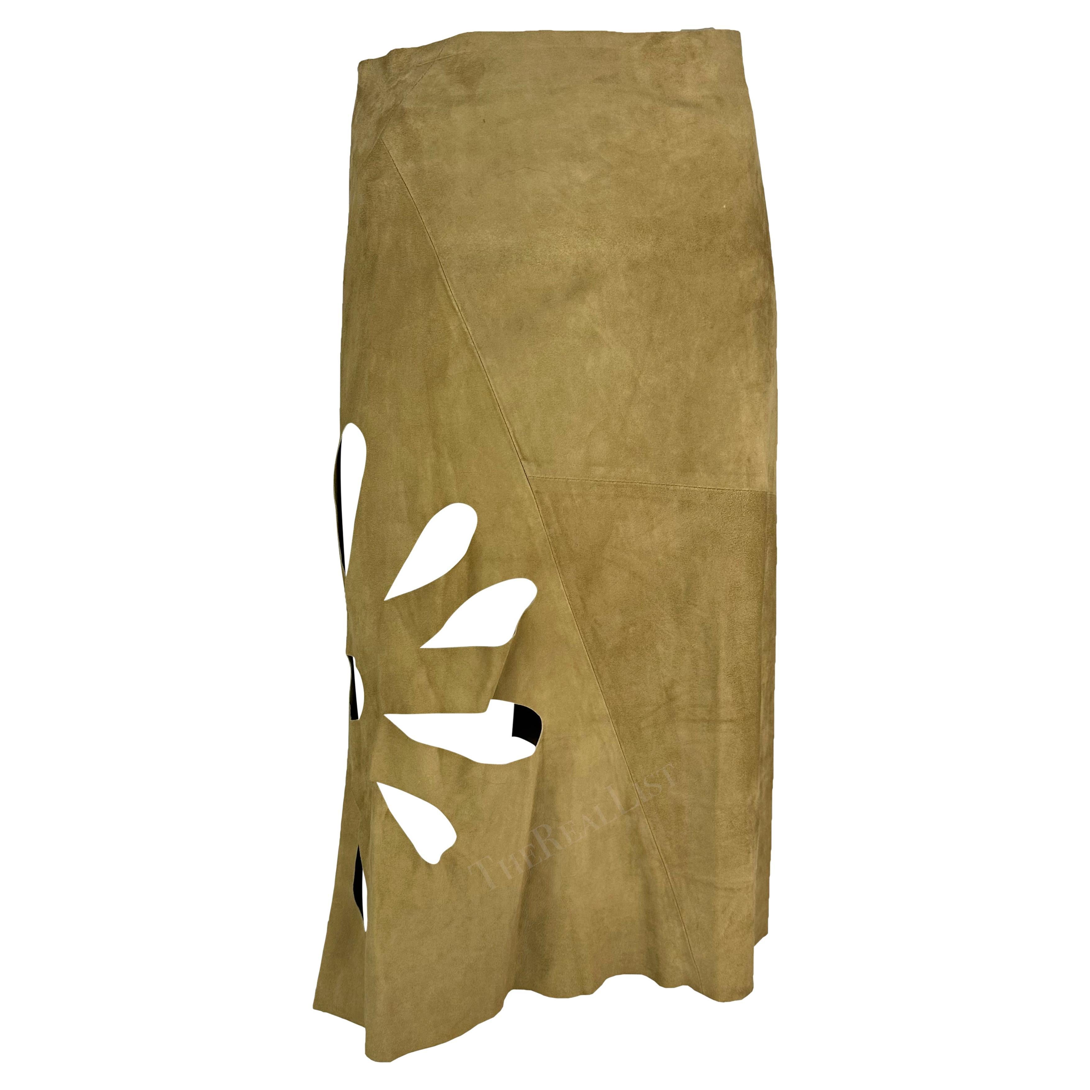 S/S 2002 Gucci by Tom Ford Tan Suede Floral Cutout Flare Wrap Skirt For Sale