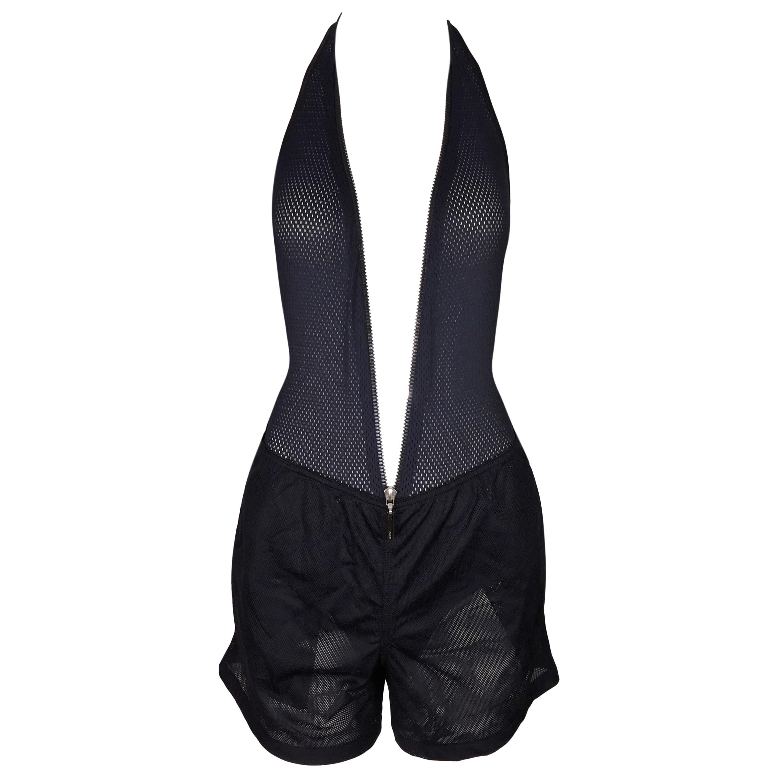 S/S 2002 Gucci Tom Ford Black Mesh Plunging Zipper Bodysuit & Shorts Set