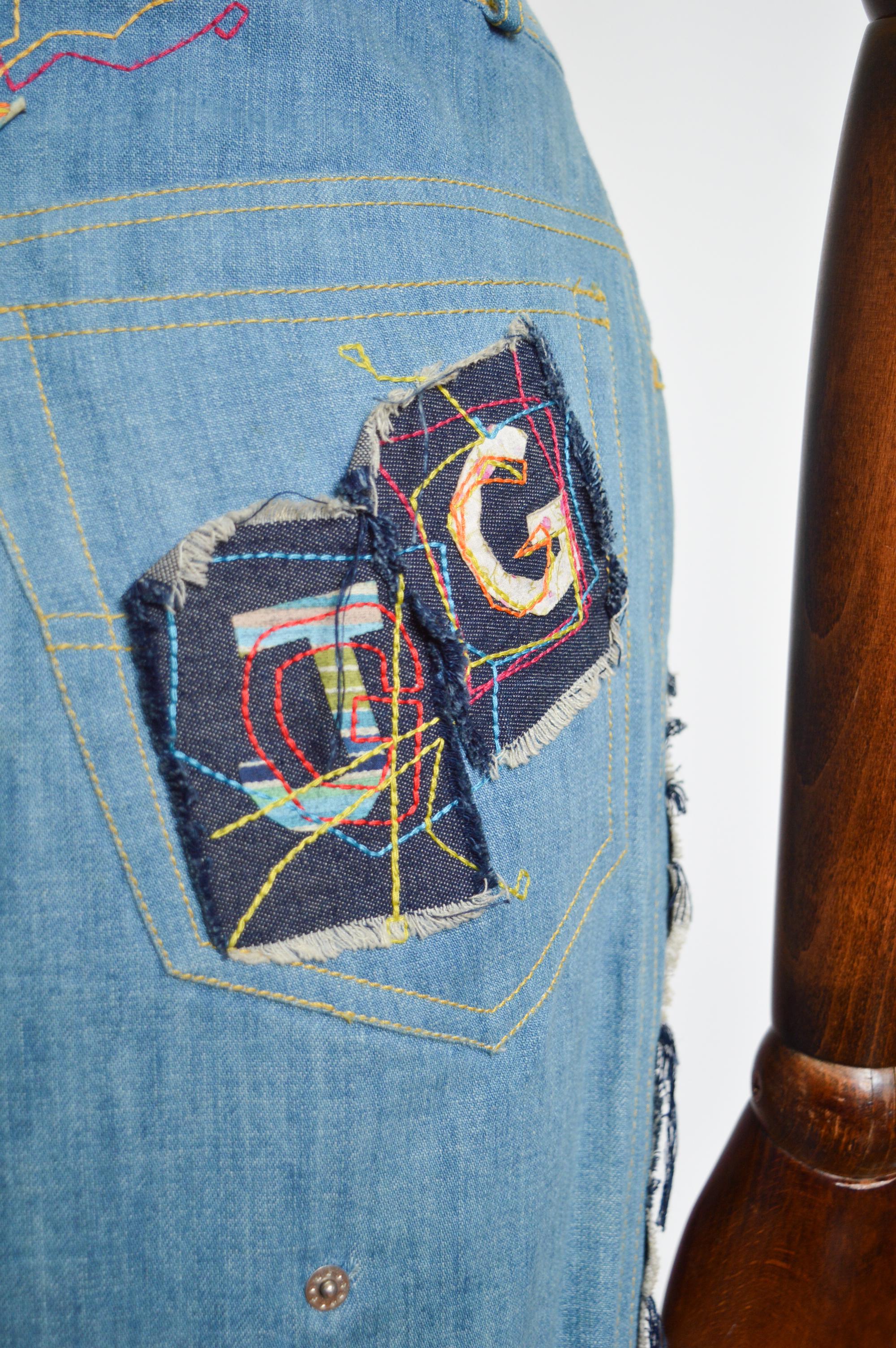 S/S 2002 John Galliano Appliqué Runway Denim Embroidered Skirt For Sale 7