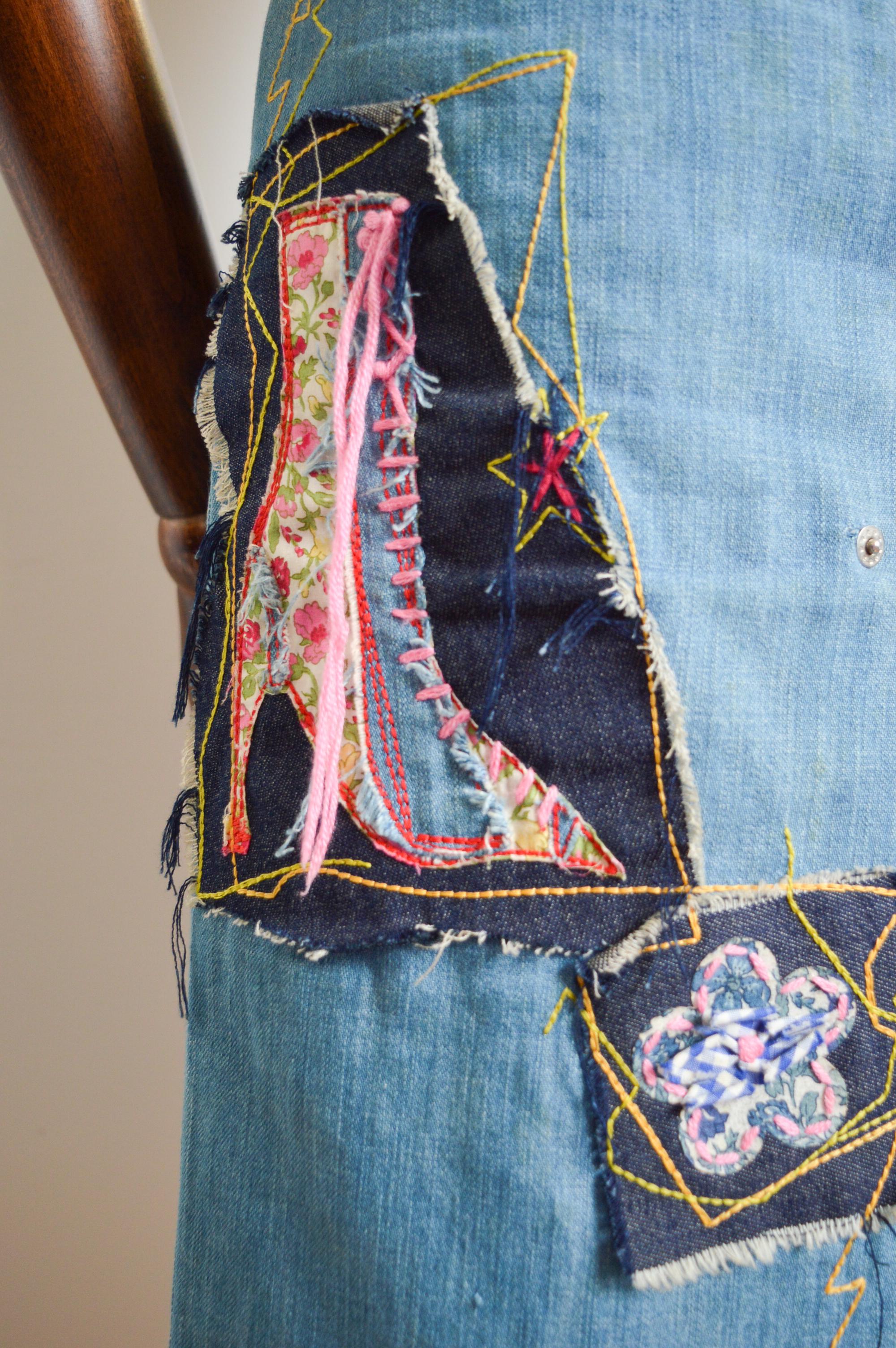 Gray S/S 2002 John Galliano Appliqué Runway Denim Embroidered Skirt For Sale