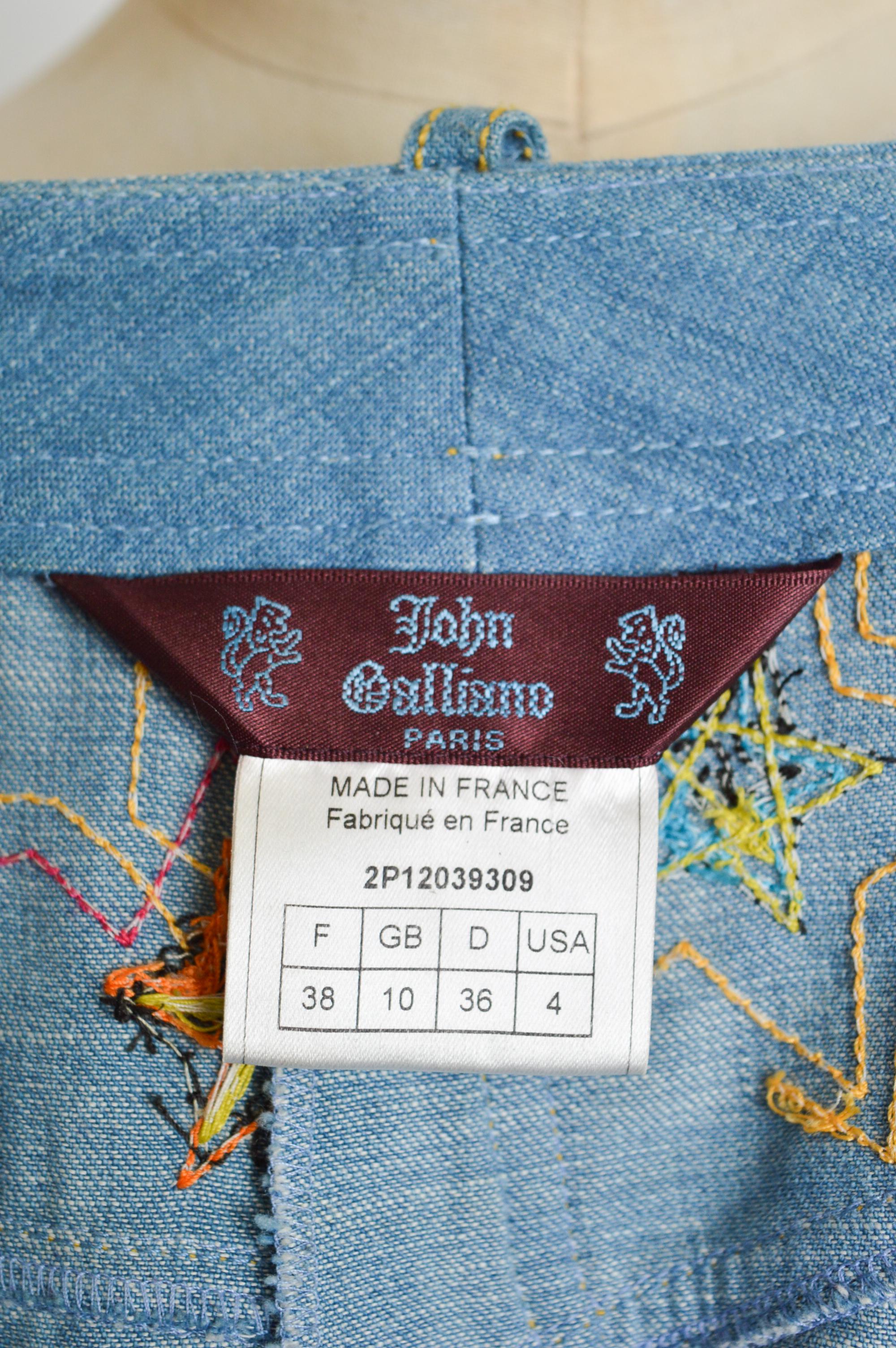 Women's S/S 2002 John Galliano Appliqué Runway Denim Embroidered Skirt For Sale