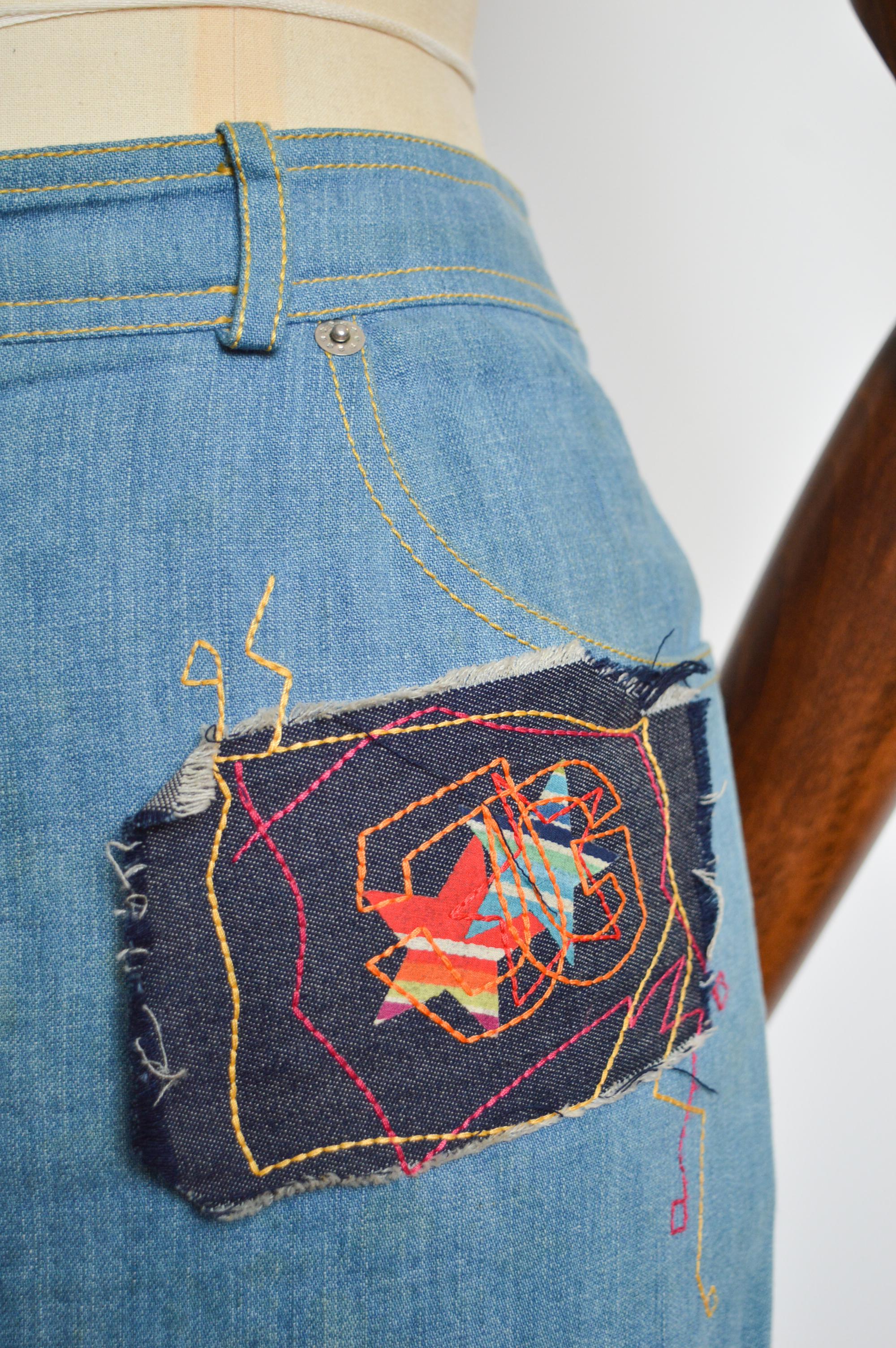 S/S 2002 John Galliano Appliqué Runway Denim Embroidered Skirt For Sale 1