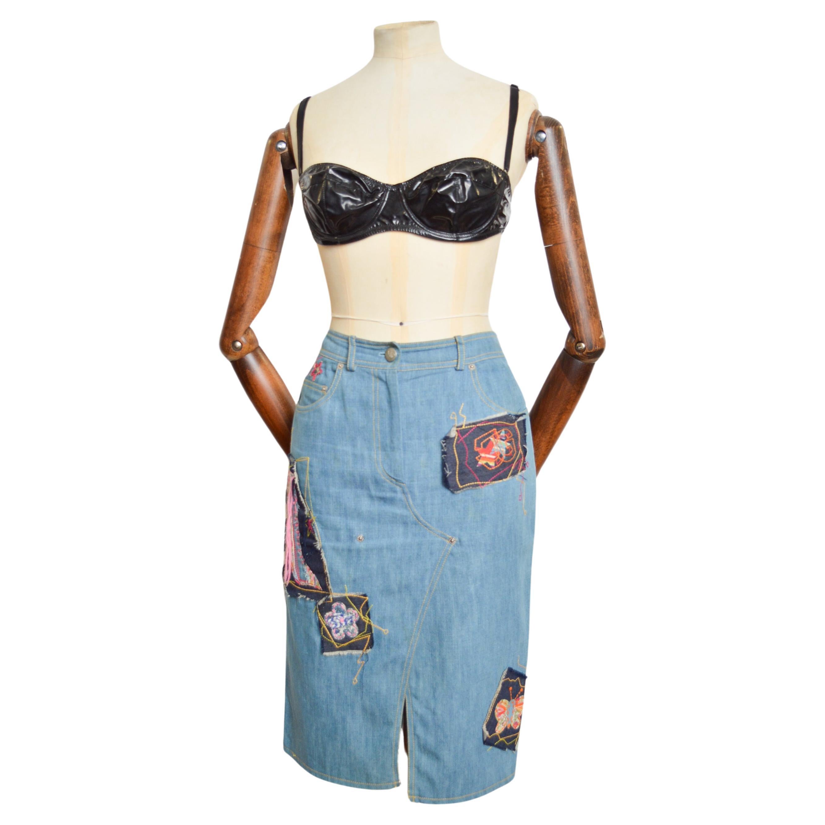 S/S 2002 John Galliano Appliqué Runway Denim Embroidered Skirt For Sale
