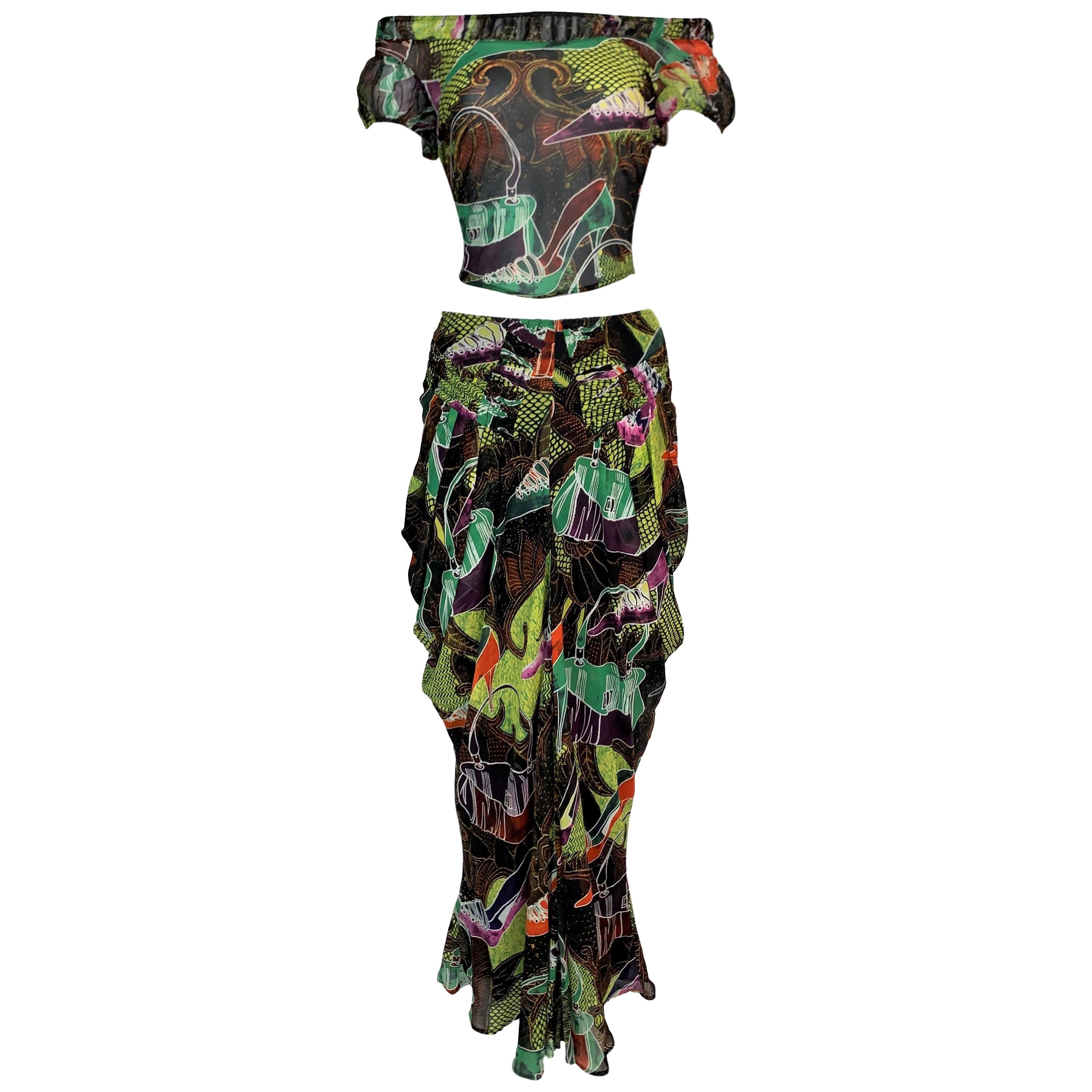 S/S 2002 John Galliano Black Silk Printed Off Shoulder Crop Top and Skirt  Set at 1stDibs