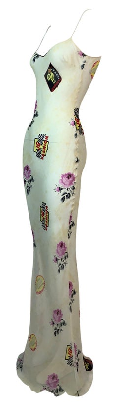 S/S 2002 John Galliano Sheer Ivory Formula Racing & Roses Maxi Gown Dress