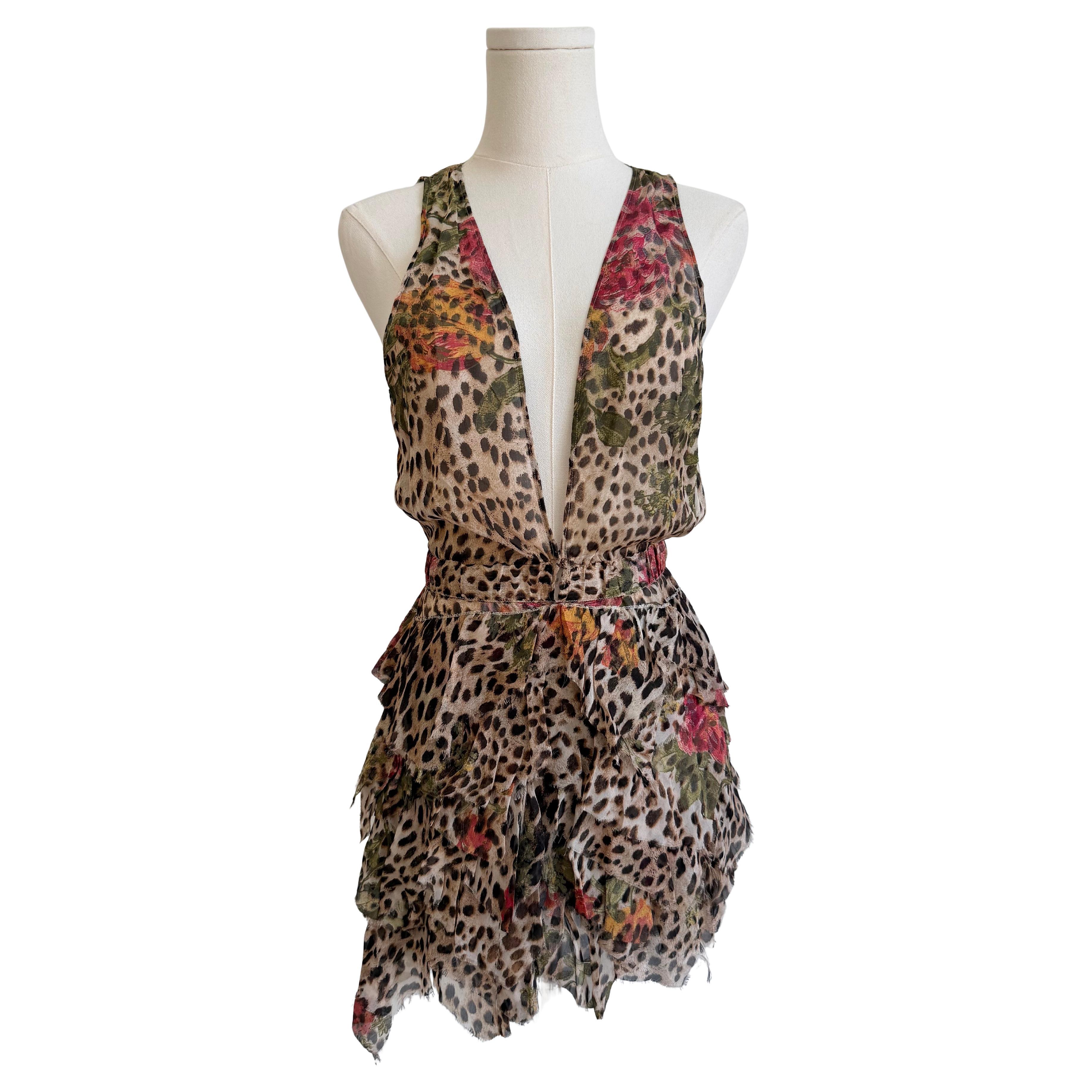 Roberto Cavalli Circa 2002 Women's Silk Leopard Floral Mini Dress