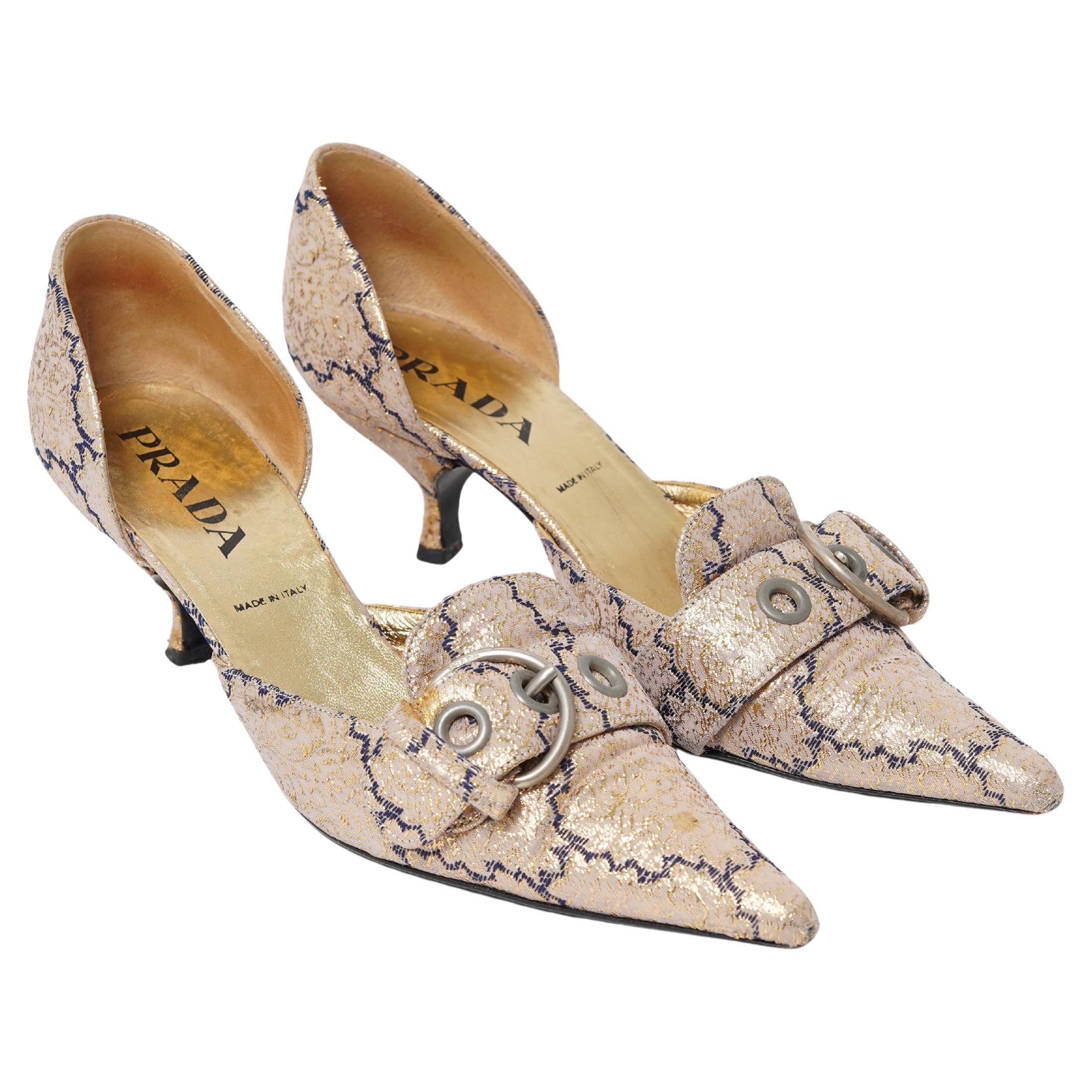 S/S 2002 Prada Decorative Pattern Gold Lamé Pumps With Buckles Size 39