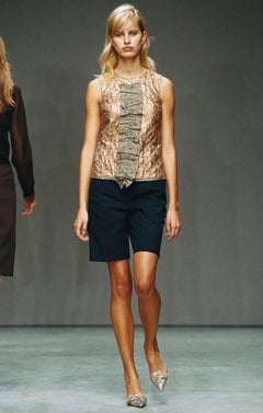 S/S 2002 Prada Decorative Pattern Gold Lamé Sleeveless Ruffled Blouse IT38