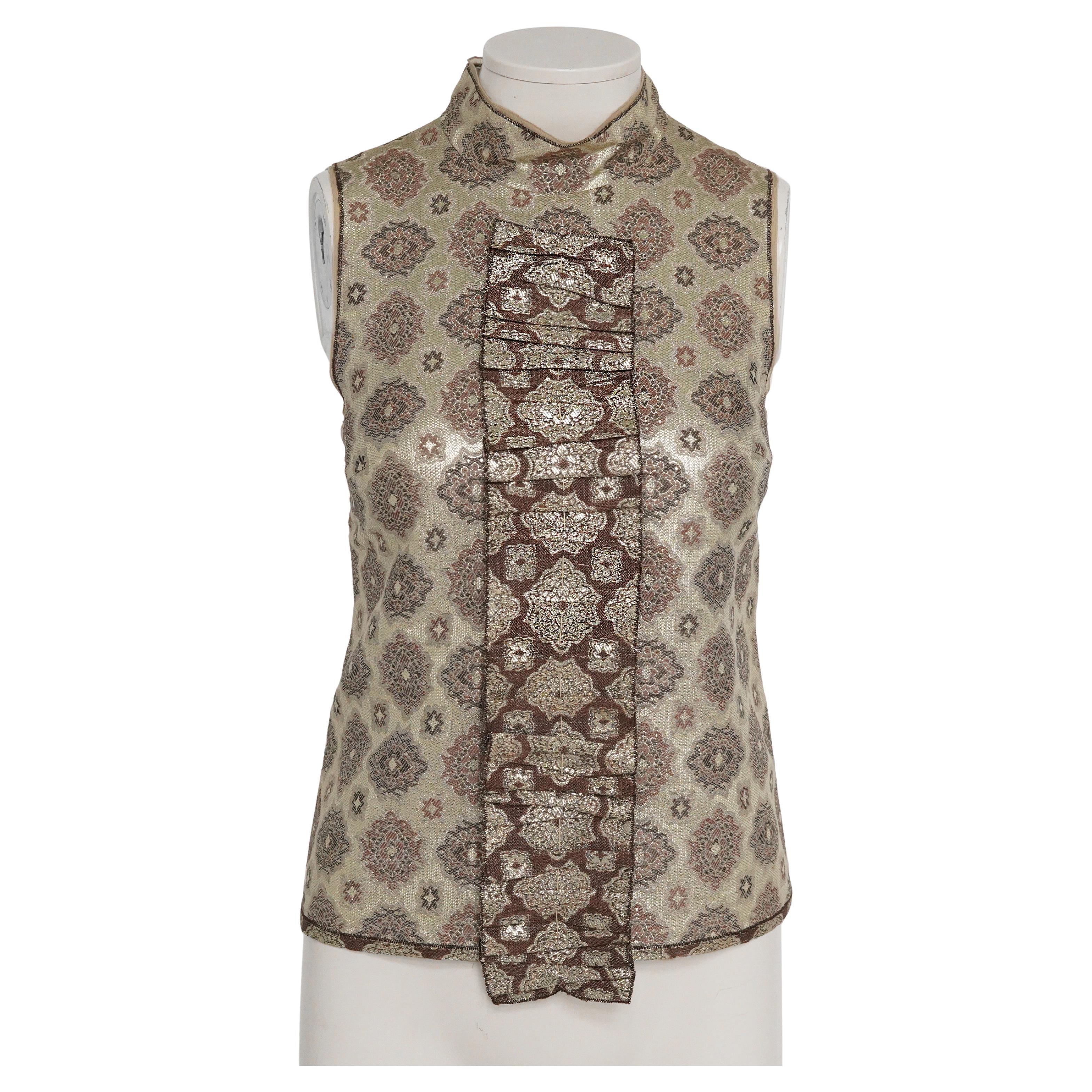 S/S 2002 Prada Dekoratives Muster Gold Lamé Ärmellose geraffte Bluse IT38 im Angebot