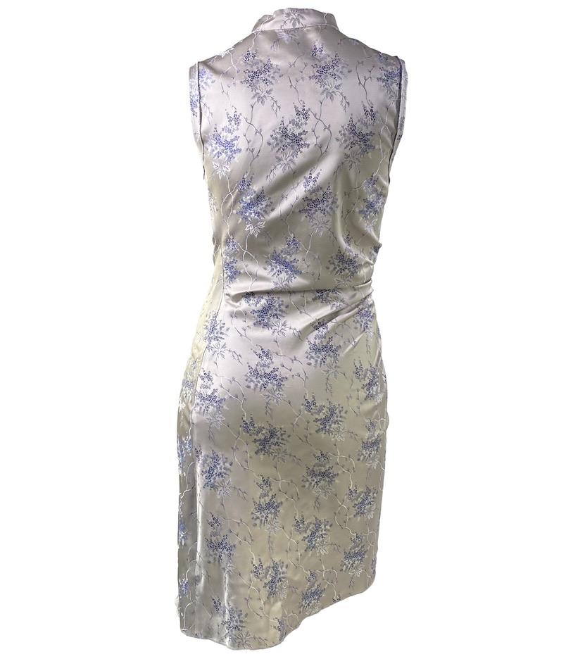 S/S 2002 Prada Grau Seide Blau Geblümt Cheongsam Chinoiserie Qipao Druck Kleid Damen