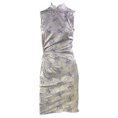 S/S 2002 Prada Grey Silk Blue Floral Cheongsam Chinoiserie Qipao Print Dress