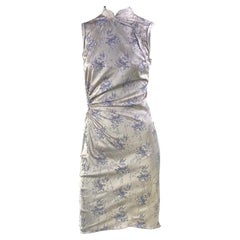 S/S 2002 Prada Grau Seide Blau Geblümt Cheongsam Chinoiserie Qipao Druck Kleid