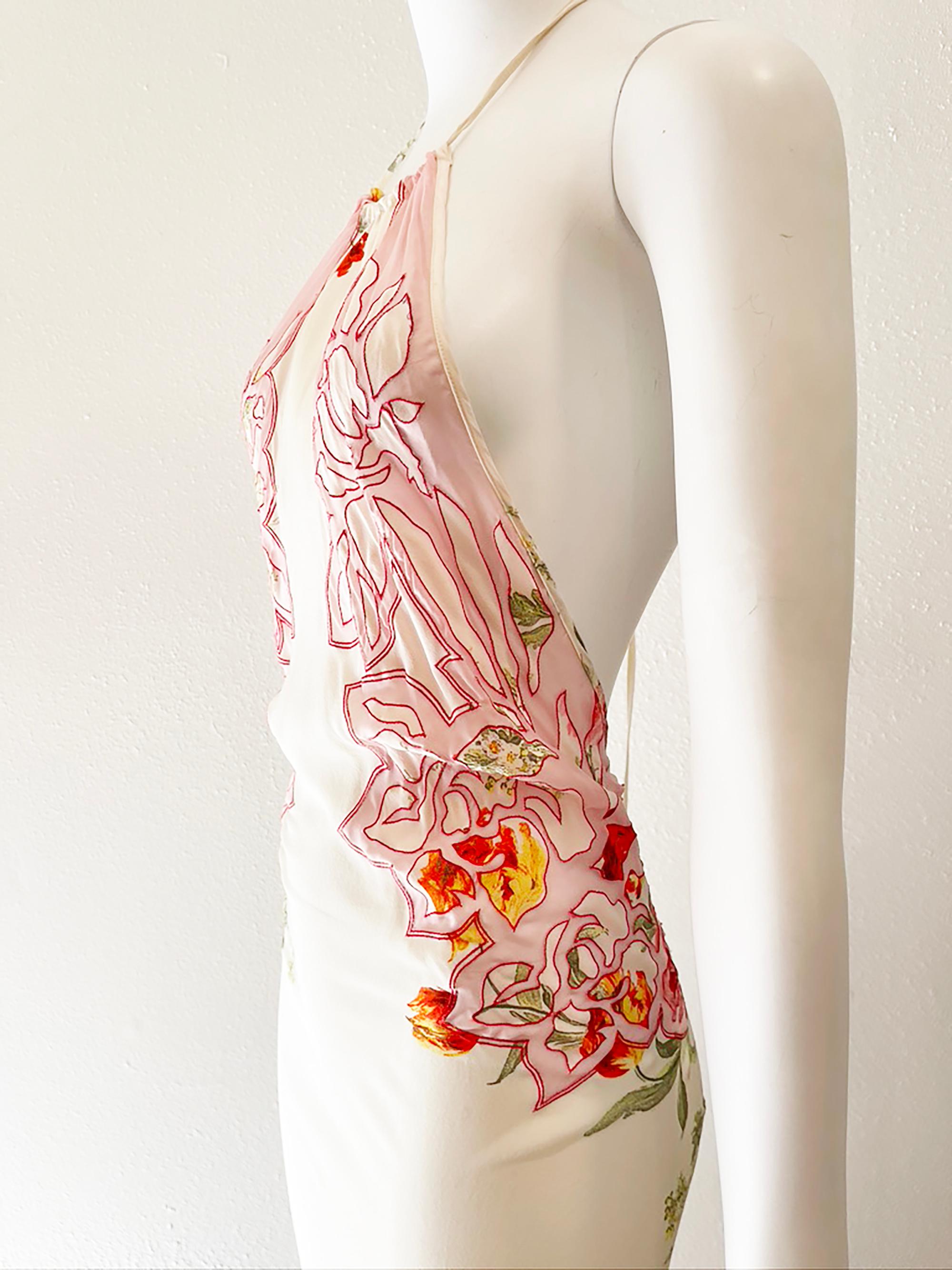 Beige S/S 2002 Roberto Cavalli Sheer Floral Silk Backless Dress For Sale