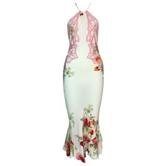 S/S 2002 Roberto Cavalli Sheer Ivory Floral Silk Tattoo Backless Dress