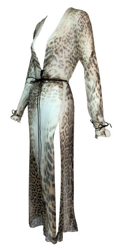 S/S 2002 Roberto Cavalli Sheer Leopard Silk Plunging High Slit Maxi Dress