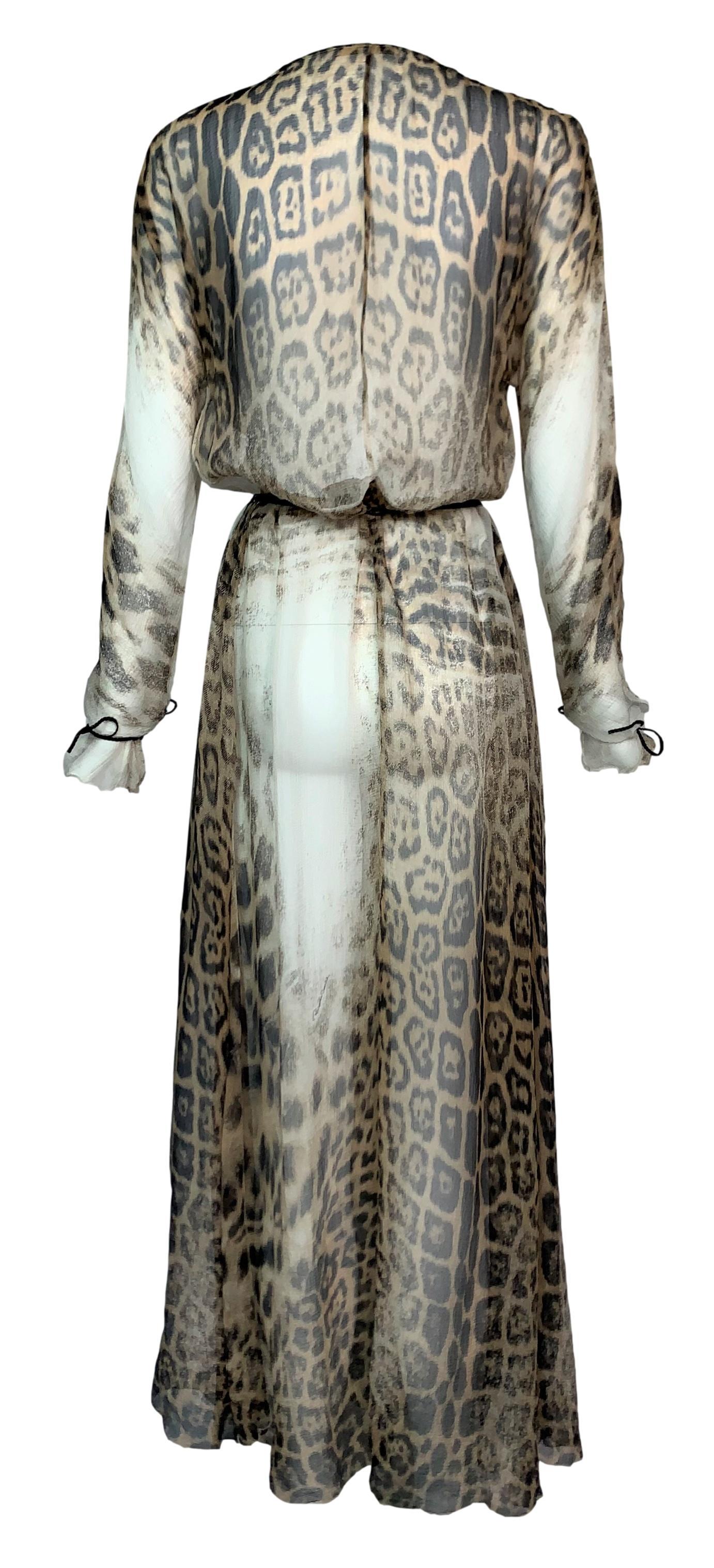 Gray S/S 2002 Roberto Cavalli Sheer Leopard Silk Plunging High Slit Maxi Dress