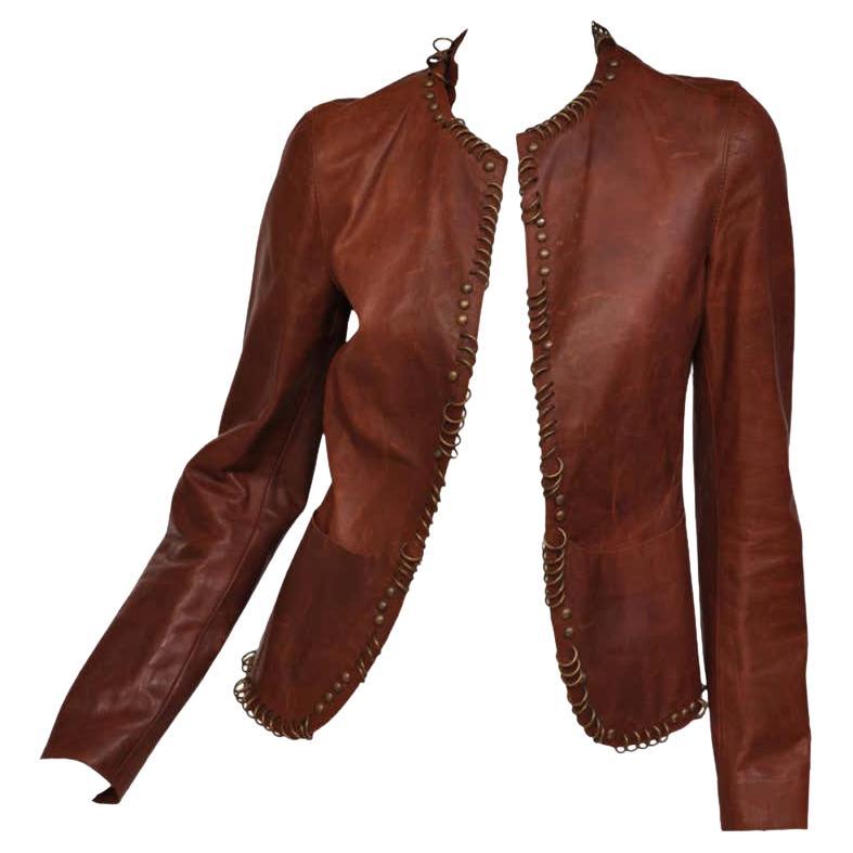 S/S 2002 Tom Ford for YSL ring embellished safari cognac leather jacket For Sale