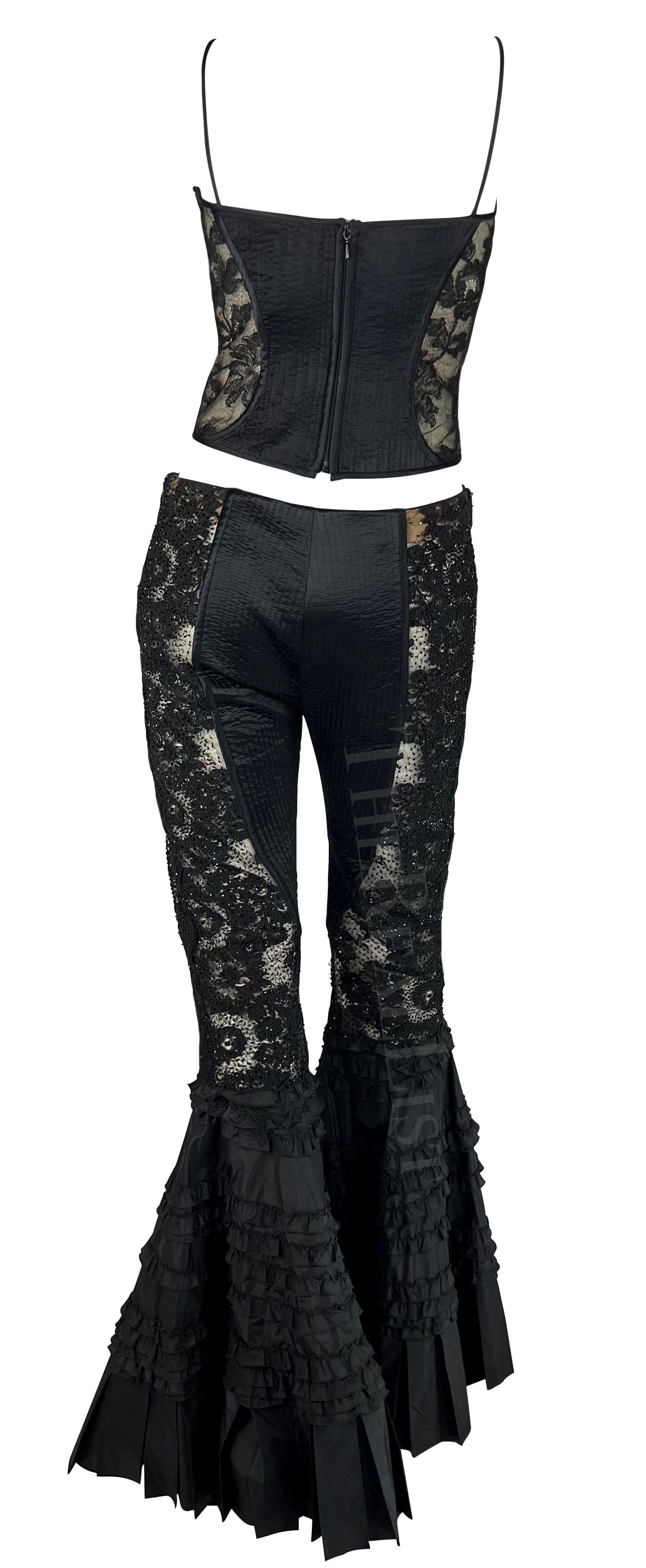 S/S 2002 Valentino Garavani Sheer Black Beaded Lace Flare Pants Crop Top Set For Sale 5